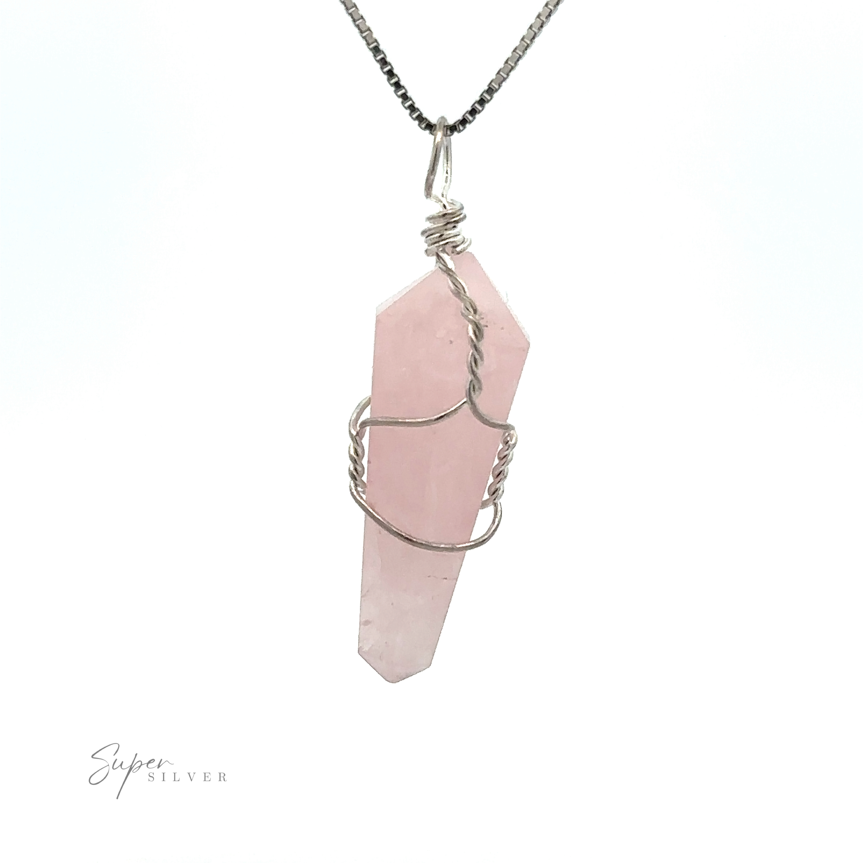 A Wire-Wrapped Stone Pendant featuring a beautiful pink crystal, expertly wire-wrapped in silver on a sleek silver chain, displayed against a pristine white background.