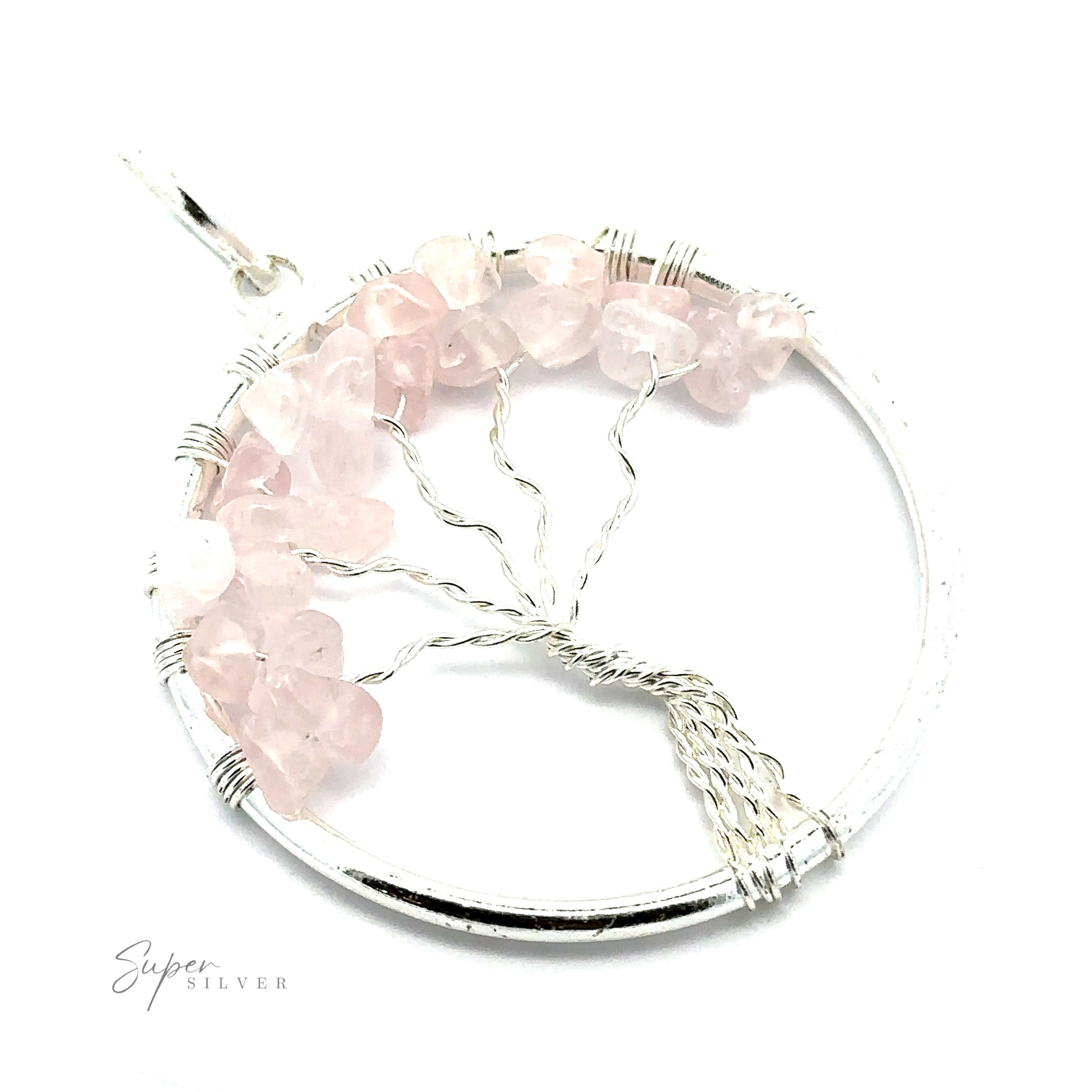 A stunning Wire Wrapped Tree of Life Pendant with Stones with a circular design, wire wrapped to perfection. The branches are adorned with small, pale pink gemstones. Set against a white background, the text "Super Silver" graces the corner.