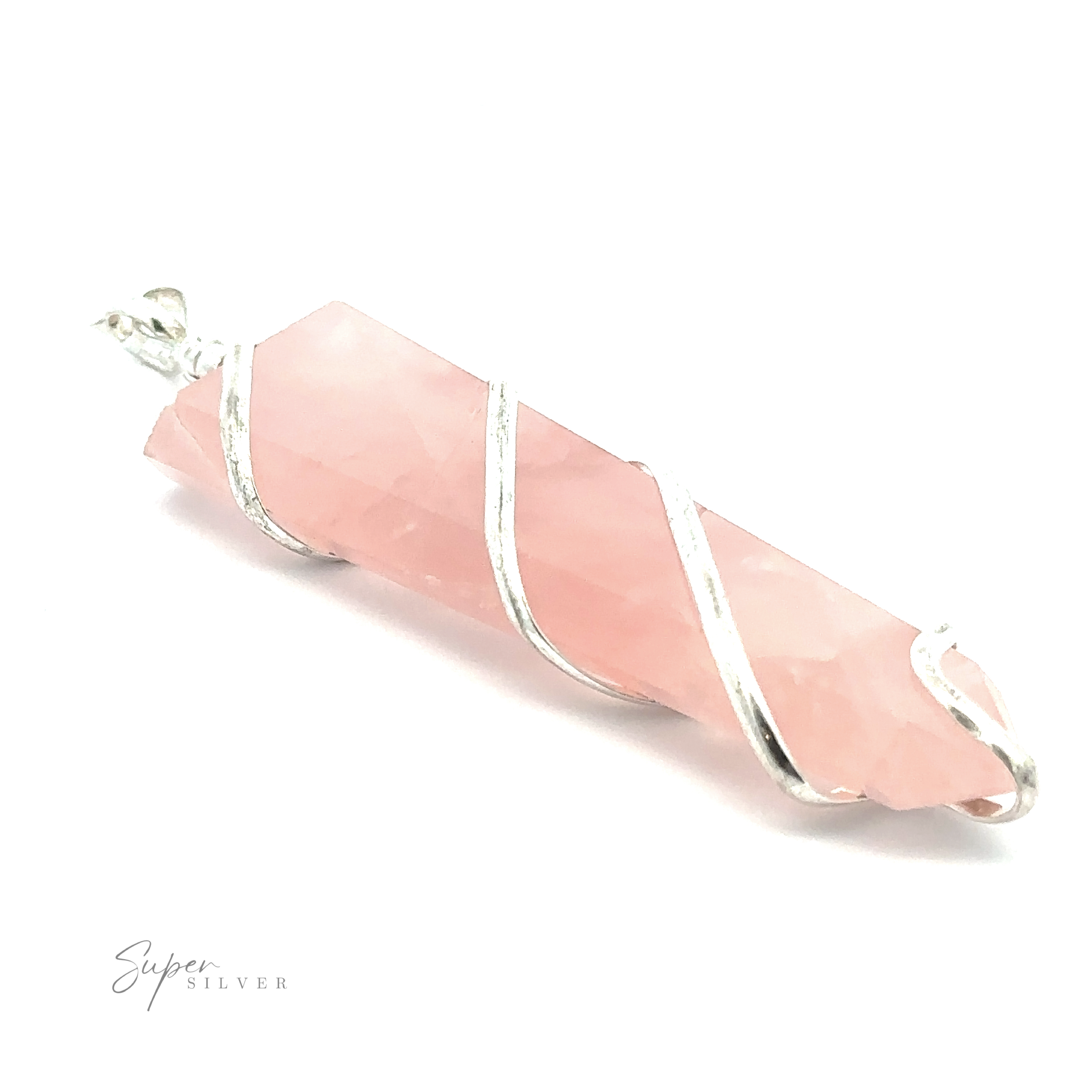 A pink crystal pendant, elegantly wire wrapped in silver, rests on a white background. The "Wire Wrapped Slab Pendant" logo appears in the bottom-left corner, emphasizing the fine craftsmanship of this gemstone jewelry.