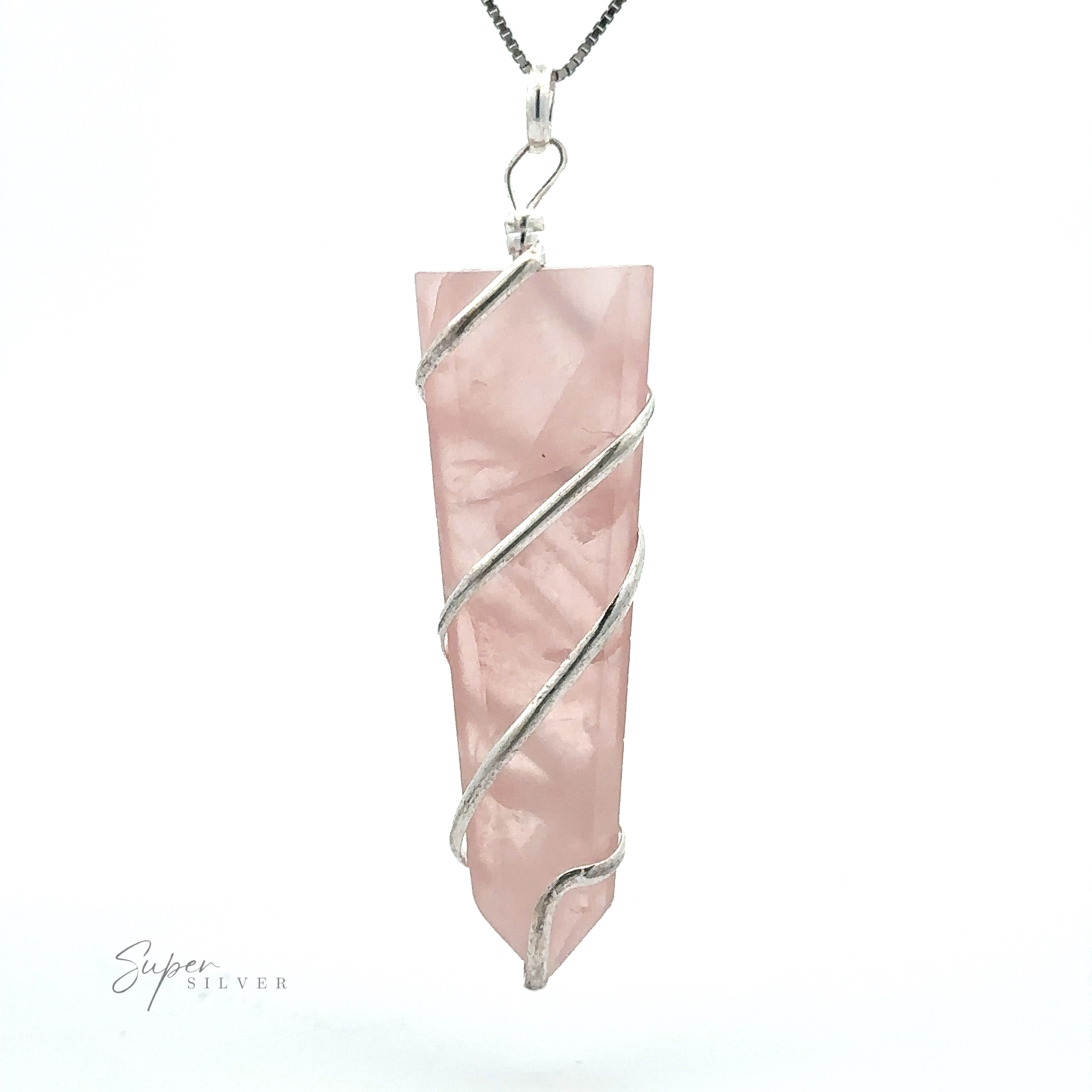 A Wire Wrapped Slab Pendant featuring a rose quartz crystal encased in a silver design, hanging from a thin chain, exemplifying exquisite gemstone jewelry craftsmanship.