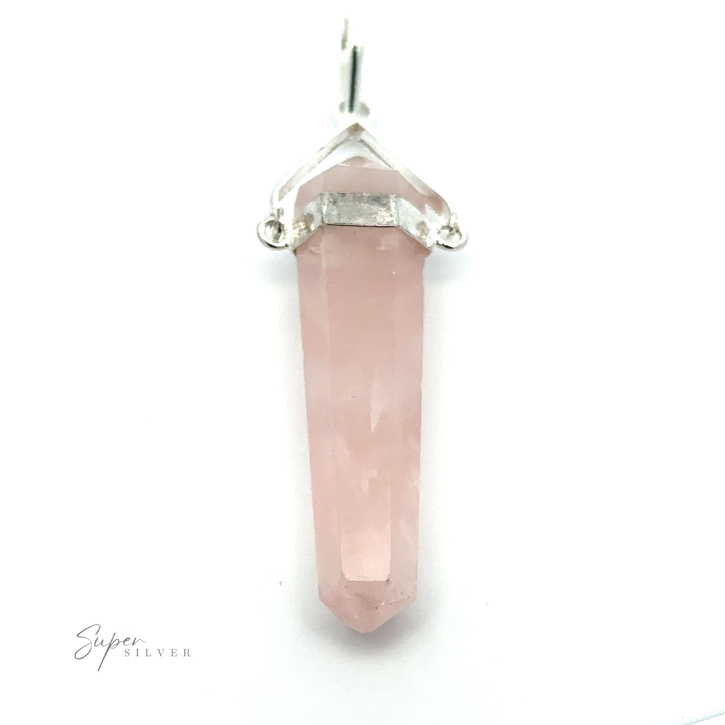 A rose quartz pendant with a pointed shape and silver-plated setting, displayed against a plain white background. The Raw Stone Swivel Pendant has the brand name "Super Silver" written in the bottom left corner.