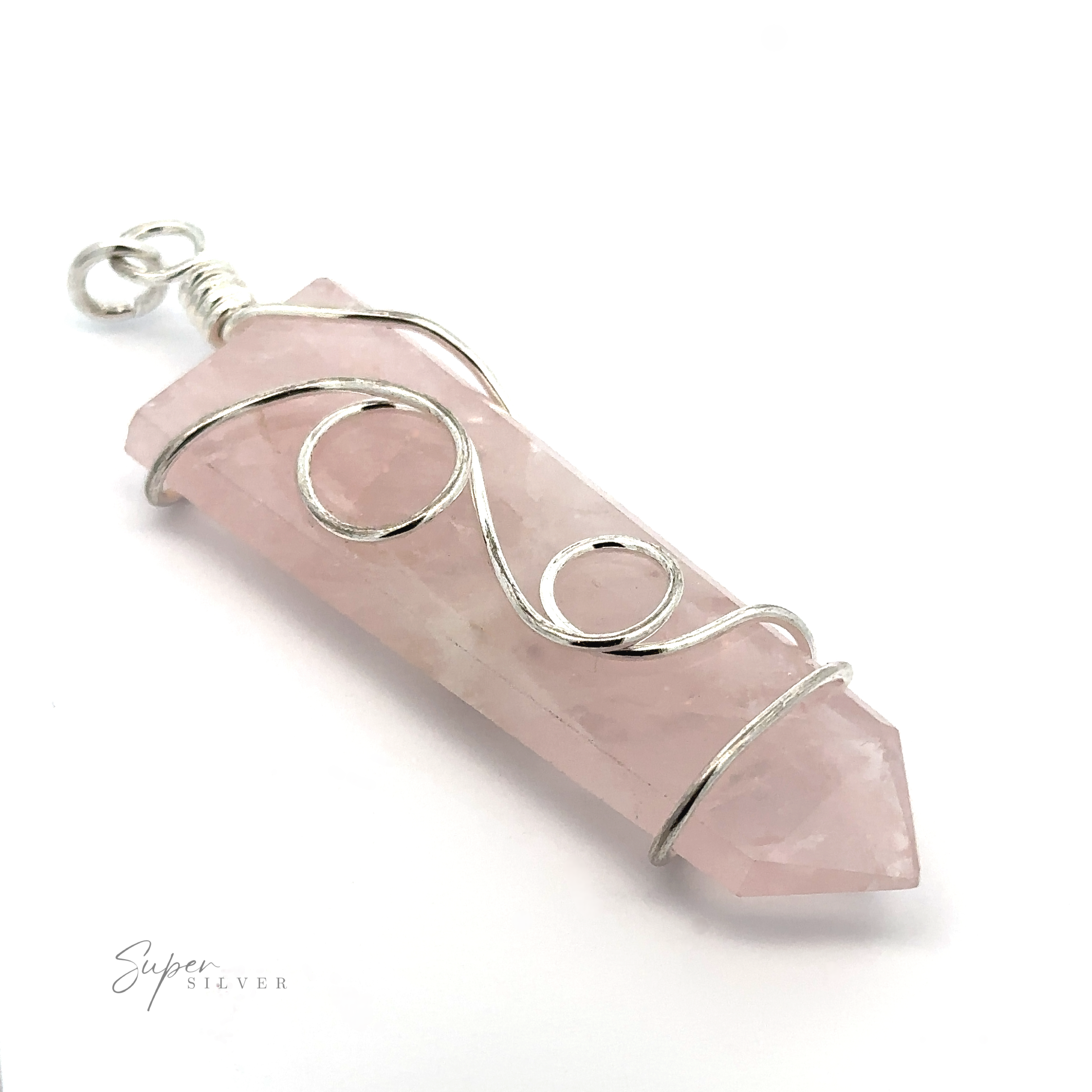 A Stone Slab Pendant with Wire Wrapping is elegantly wire wrapped with silver in a spiral design. The pendant features a small loop for attaching to a necklace. "Super Silver" is written in small text at the bottom corner, highlighting its craftsmanship and mixed metals appeal.