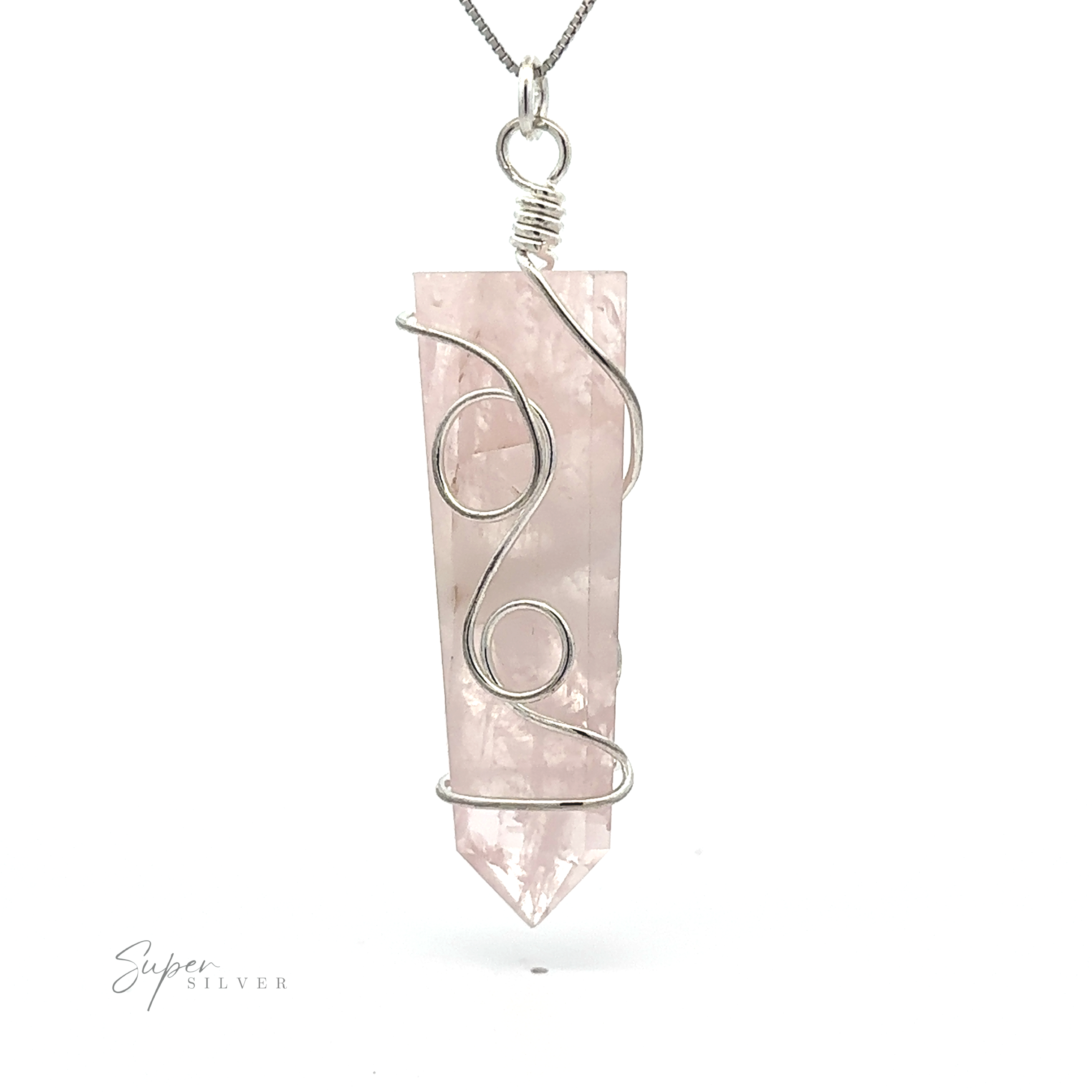 A pendant with a pointed rose quartz crystal wrapped in silver wire is suspended from a chain, showcasing the Stone Slab Pendant with Wire Wrapping. The words "Super Silver" are visible in the lower left corner.