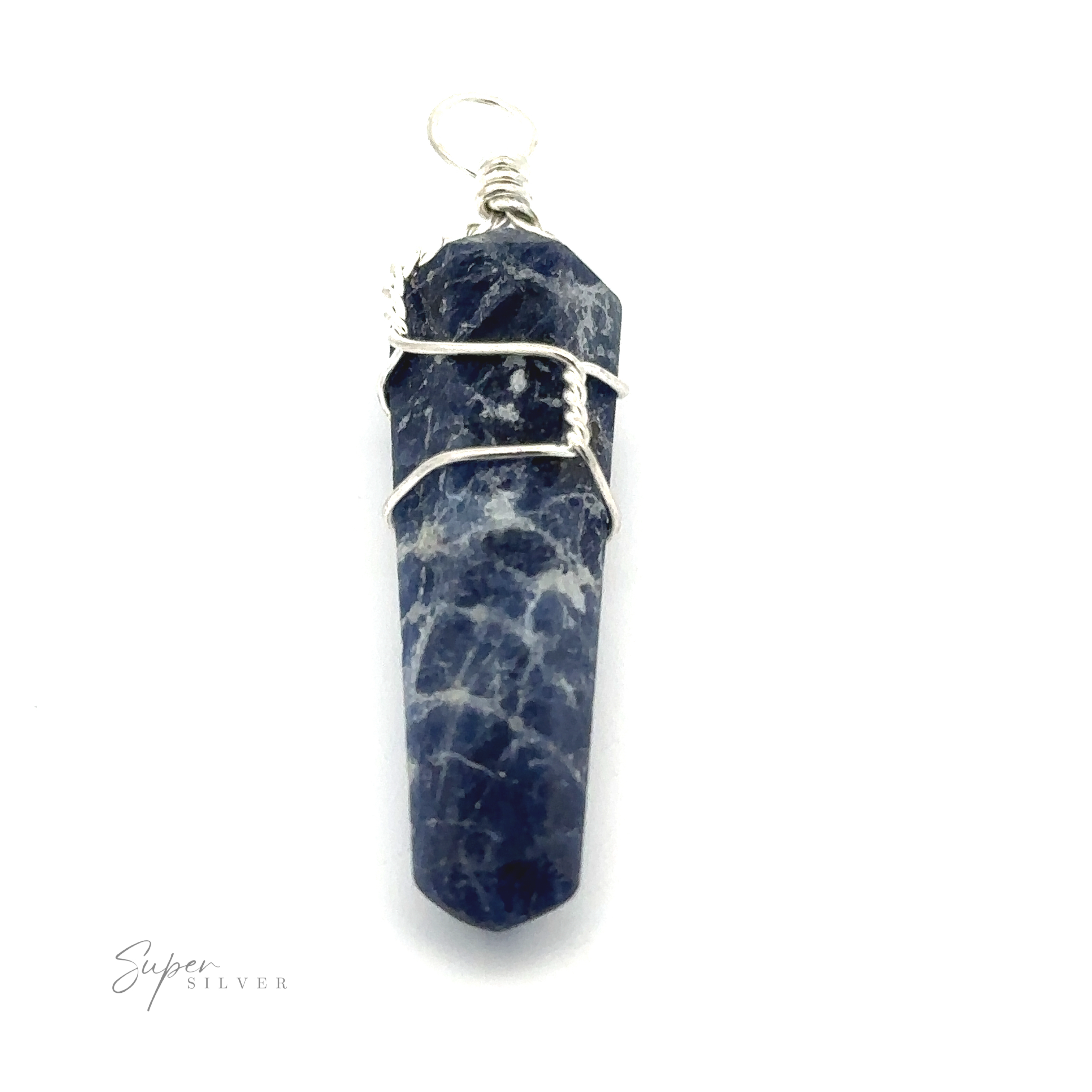 A blue and white marbled Wire Wrapped Stone Pendant, forming a pointed shape, reminiscent of selenite's elegance.