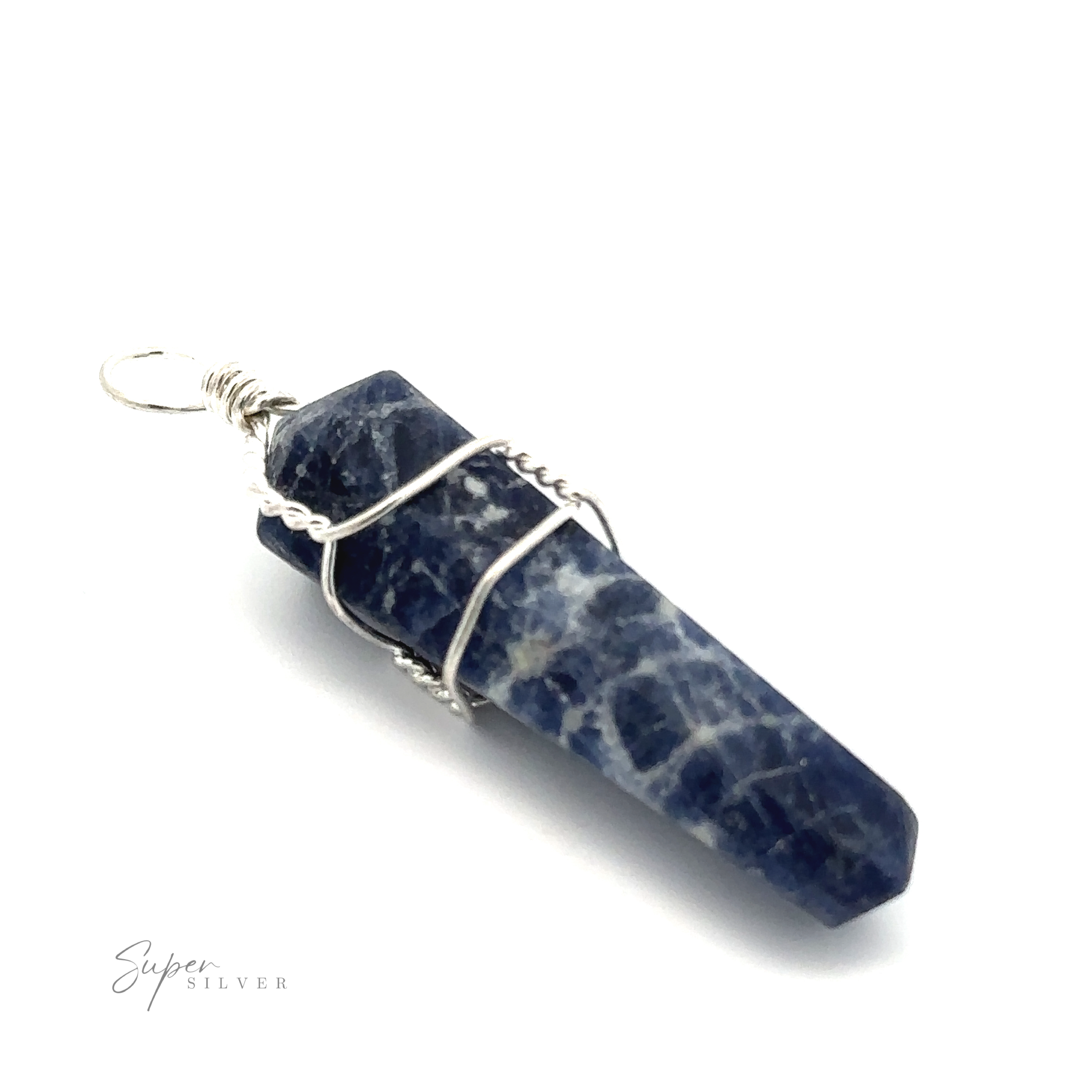 A Wire Wrapped Stone Pendant wrapped in silver wire, forming a pendant on a white background. The words "Super Silver" are engraved at the bottom left corner, adding a touch of elegance akin to fine quartz.