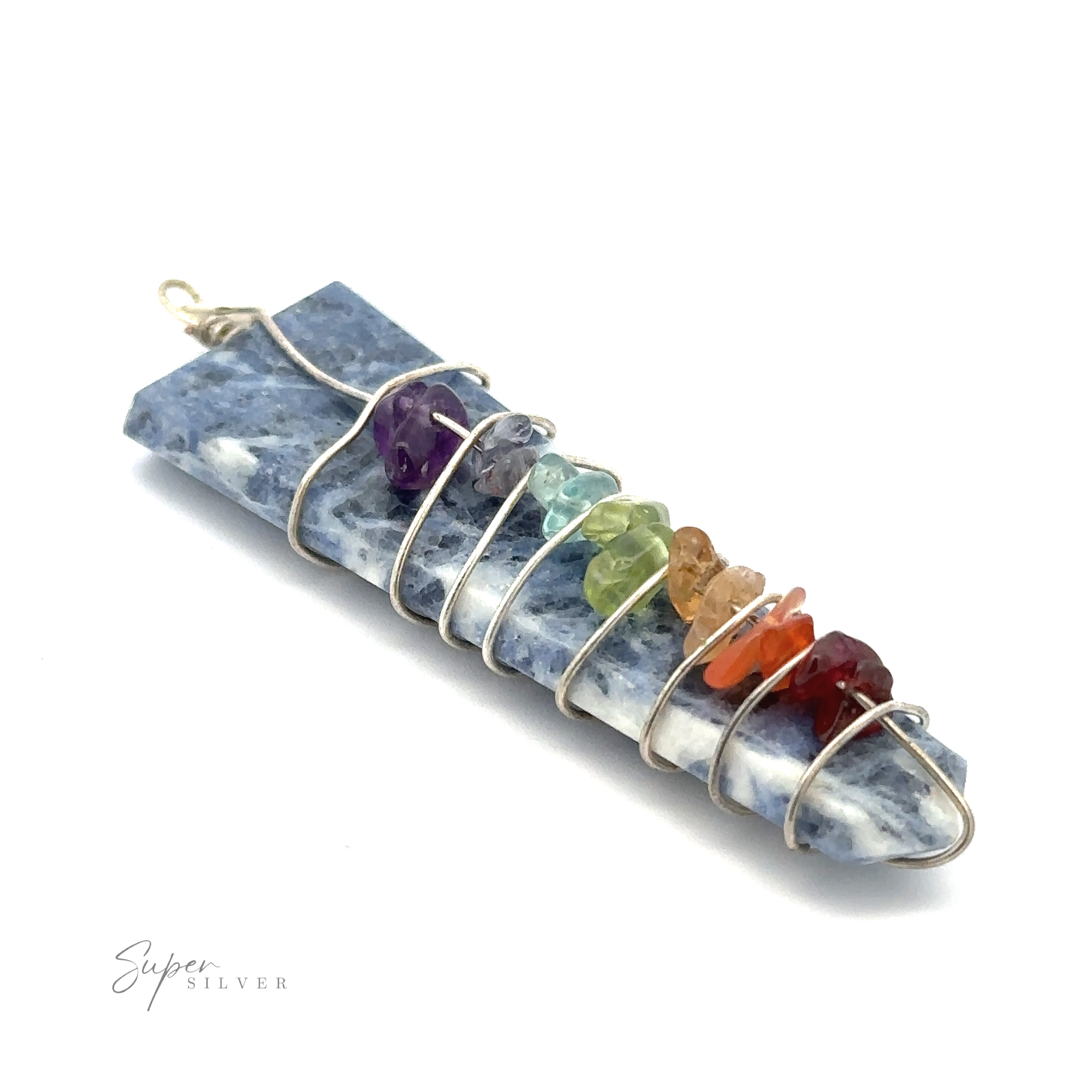 A Stone Slab Wire-Wrapped Chakra Pendant featuring seven small, multicolored chakra stones attached, set against a white background.