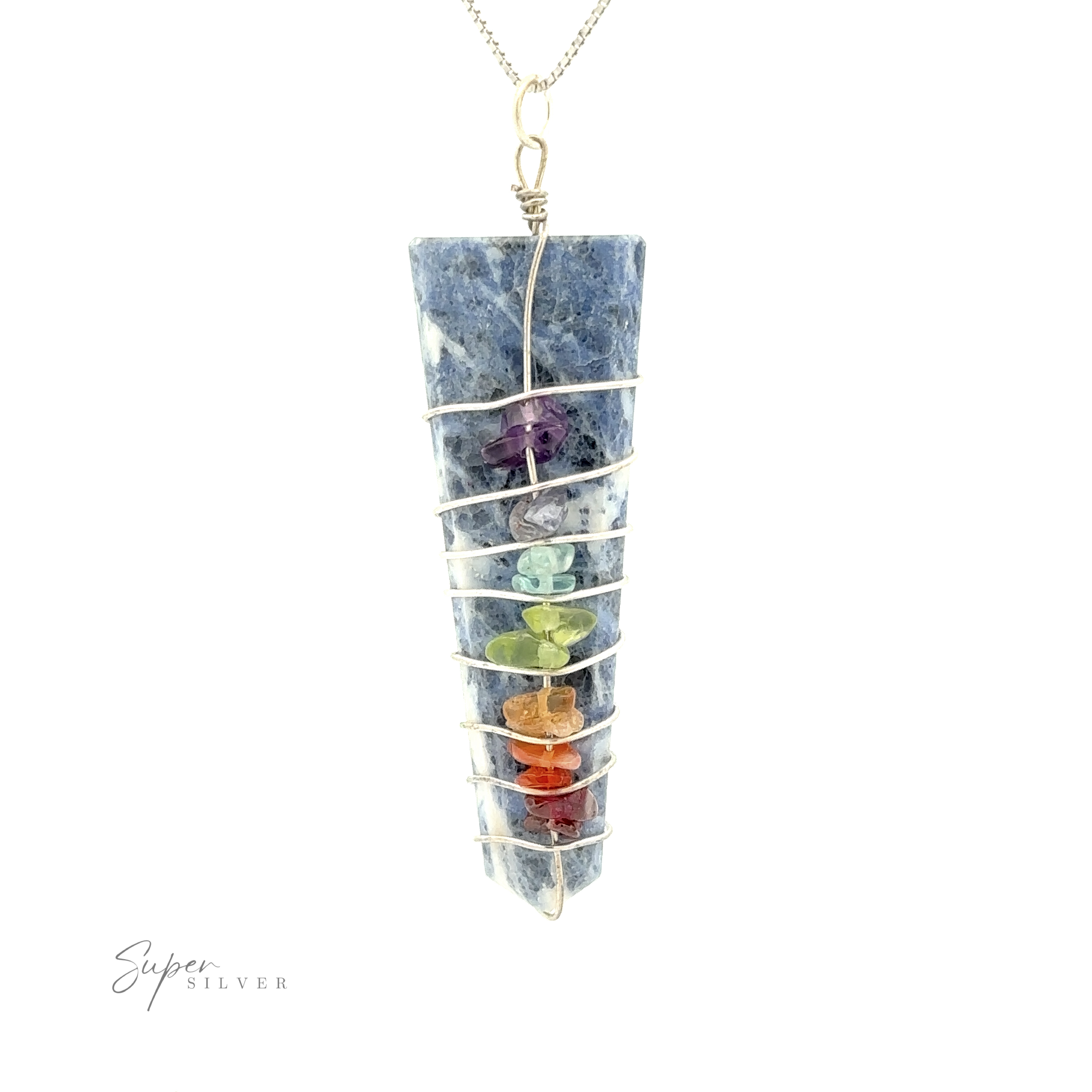 A Stone Slab Wire-Wrapped Chakra Pendant featuring a blue stone wrapped in silver wire, with seven chakra stones arranged vertically along the wire. This exquisite piece of crystal jewelry hangs from a delicate chain, combining the elegance of gemstone slab craftsmanship with spiritual balance.