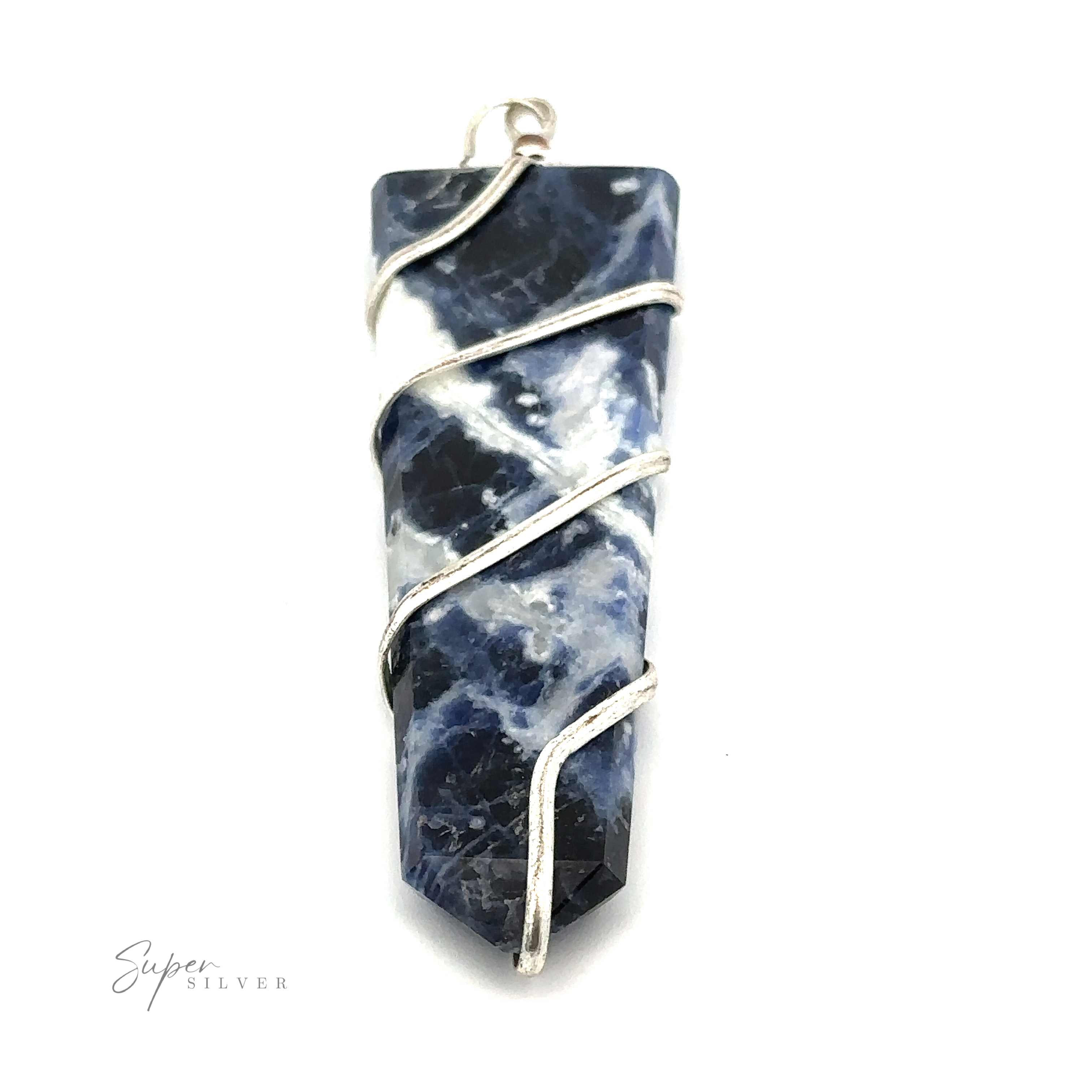 A hexagonal blue and white stone slab pendant is elegantly wrapped in silver wire, featuring a loop at the top for hanging. The logo "Super Silver" is delicately placed in the bottom left corner, adding an extra touch of sophistication to this exquisite piece of Wire Wrapped Slab Pendant jewelry.