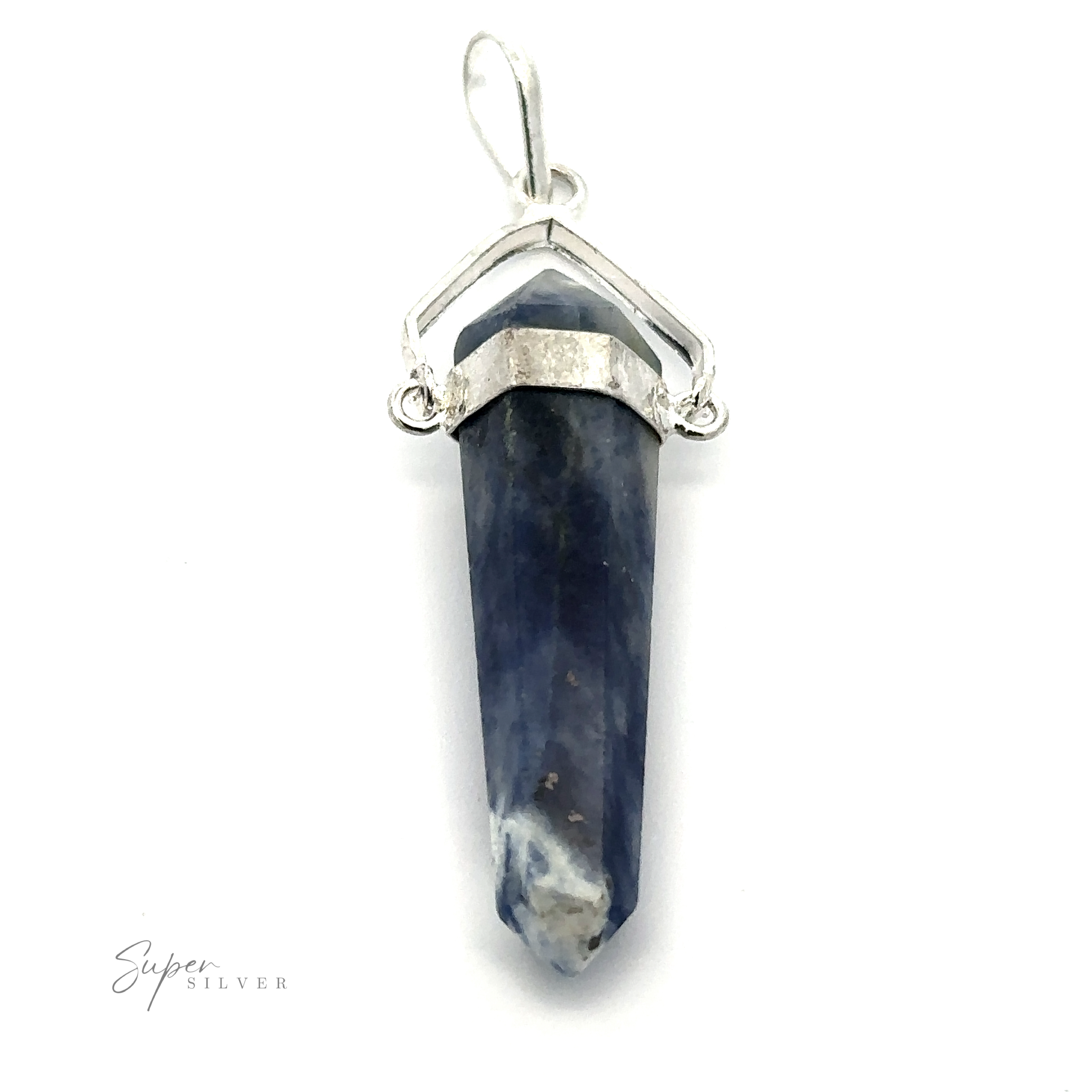 A Raw Stone Swivel Pendant set in a silver-plated setting with a bail for hanging. The gemstone is faceted with slightly varying shades of blue. The brand name "Super Silver" is visible at the bottom left, adding an elegant touch.