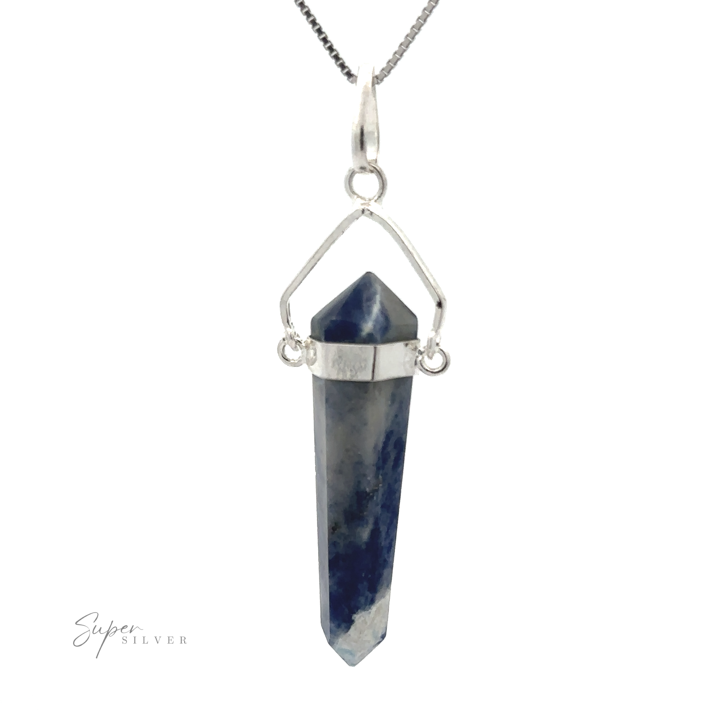 A Raw Stone Swivel Pendant encased in a silver-plated geometric frame, hanging from a silver chain. The long, pointed pendant resembles a raw stone obelisk.