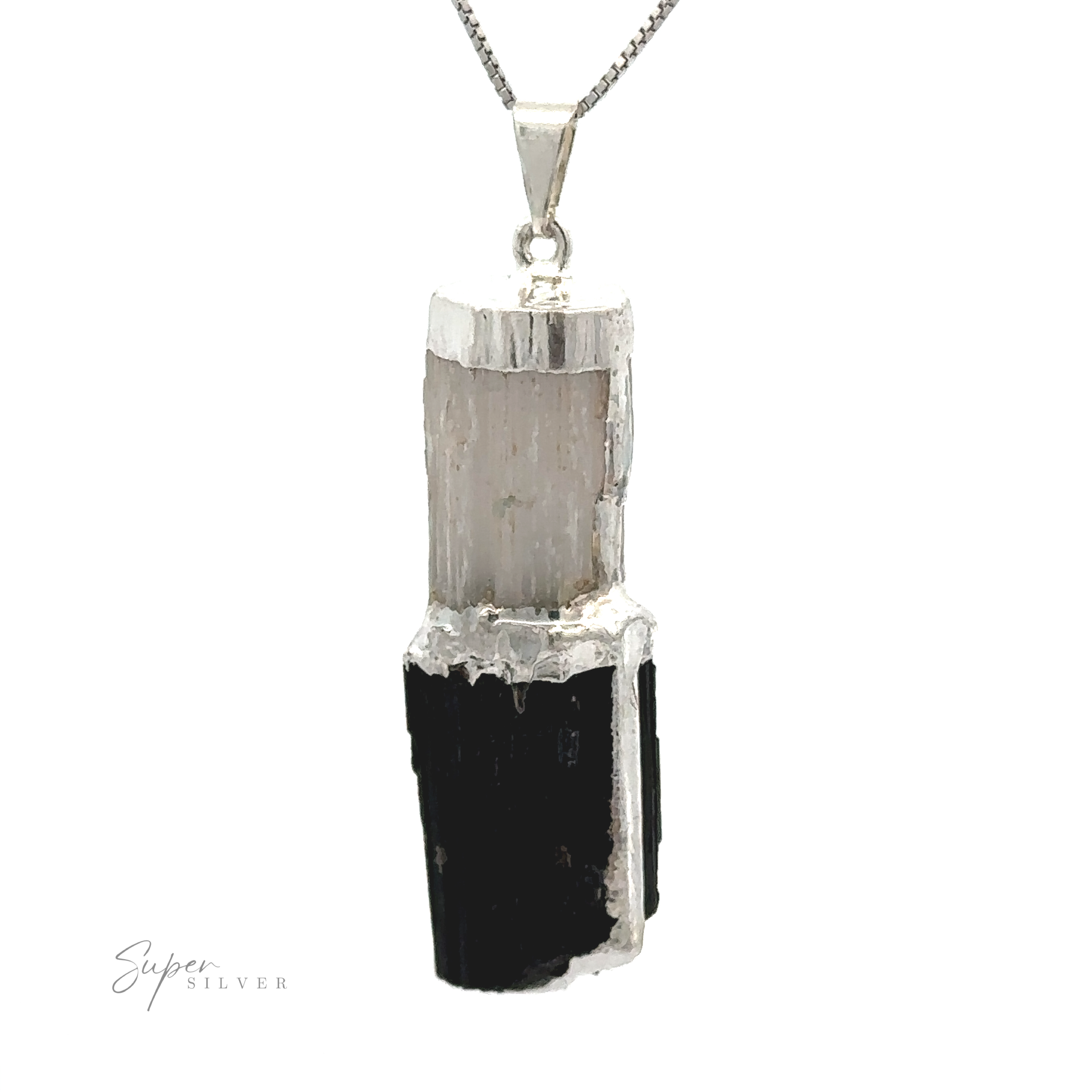 A silver necklace features a Tourmaline and Selenite Pendant with two distinct sections: a lighter mineral on top and a darker one on the bottom.