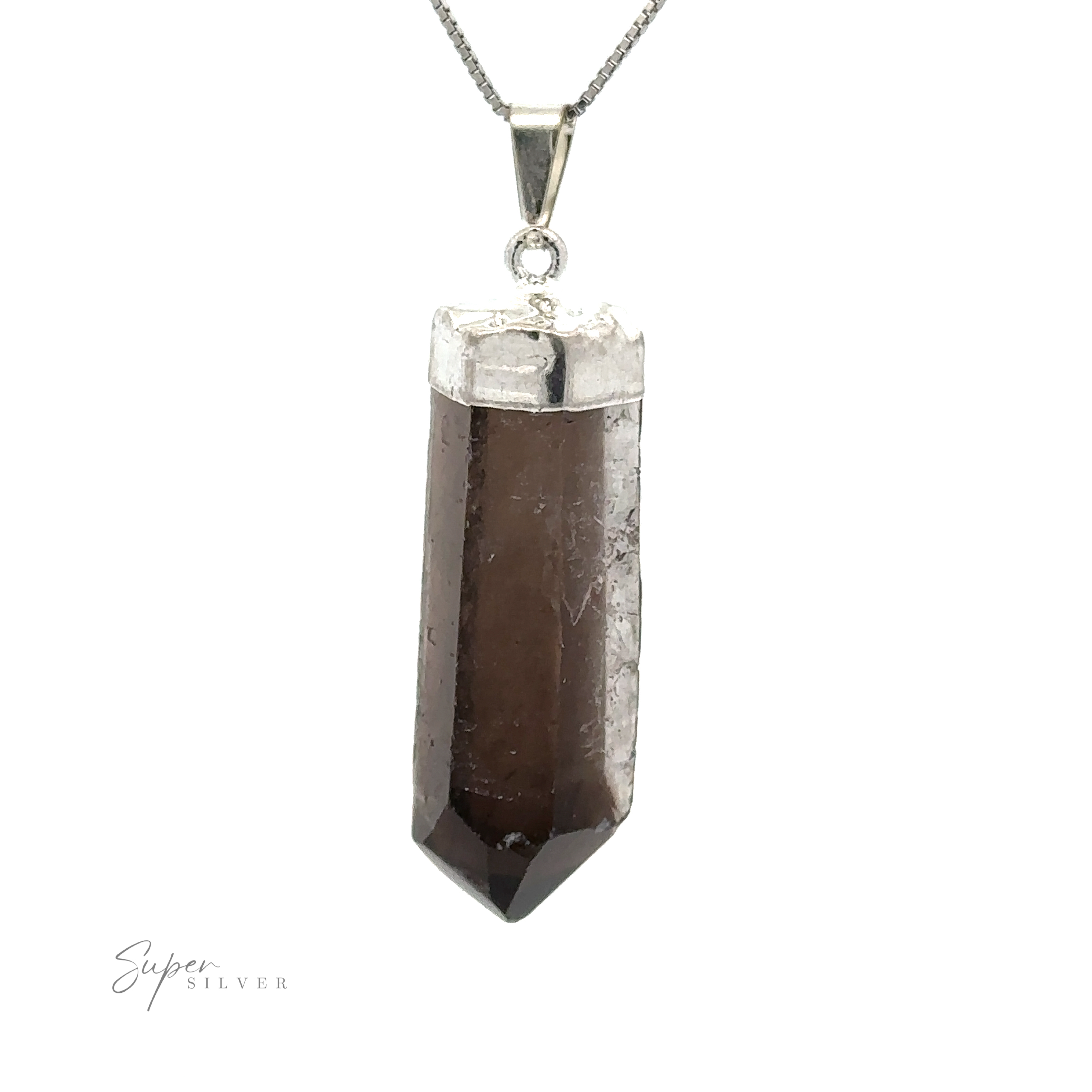 A silver necklace featuring a polished, dark brown Raw Crystal Pendant With Silver Cap.
