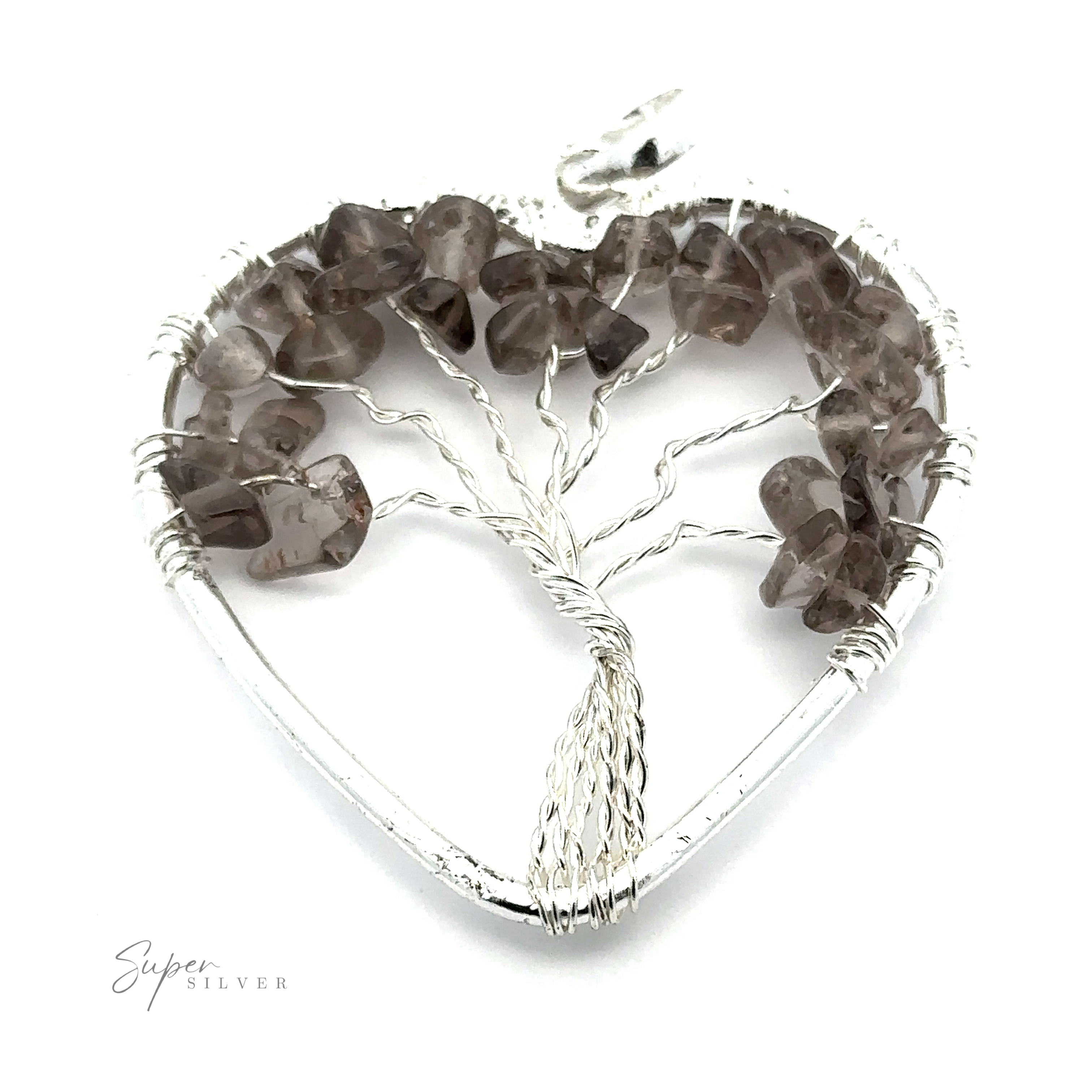 A Heart Shaped Tree of Life Pendant features a tree of life with branches made of twisted wire and small raw stone beads. The word "Super Silver" is inscribed in the bottom left corner.
