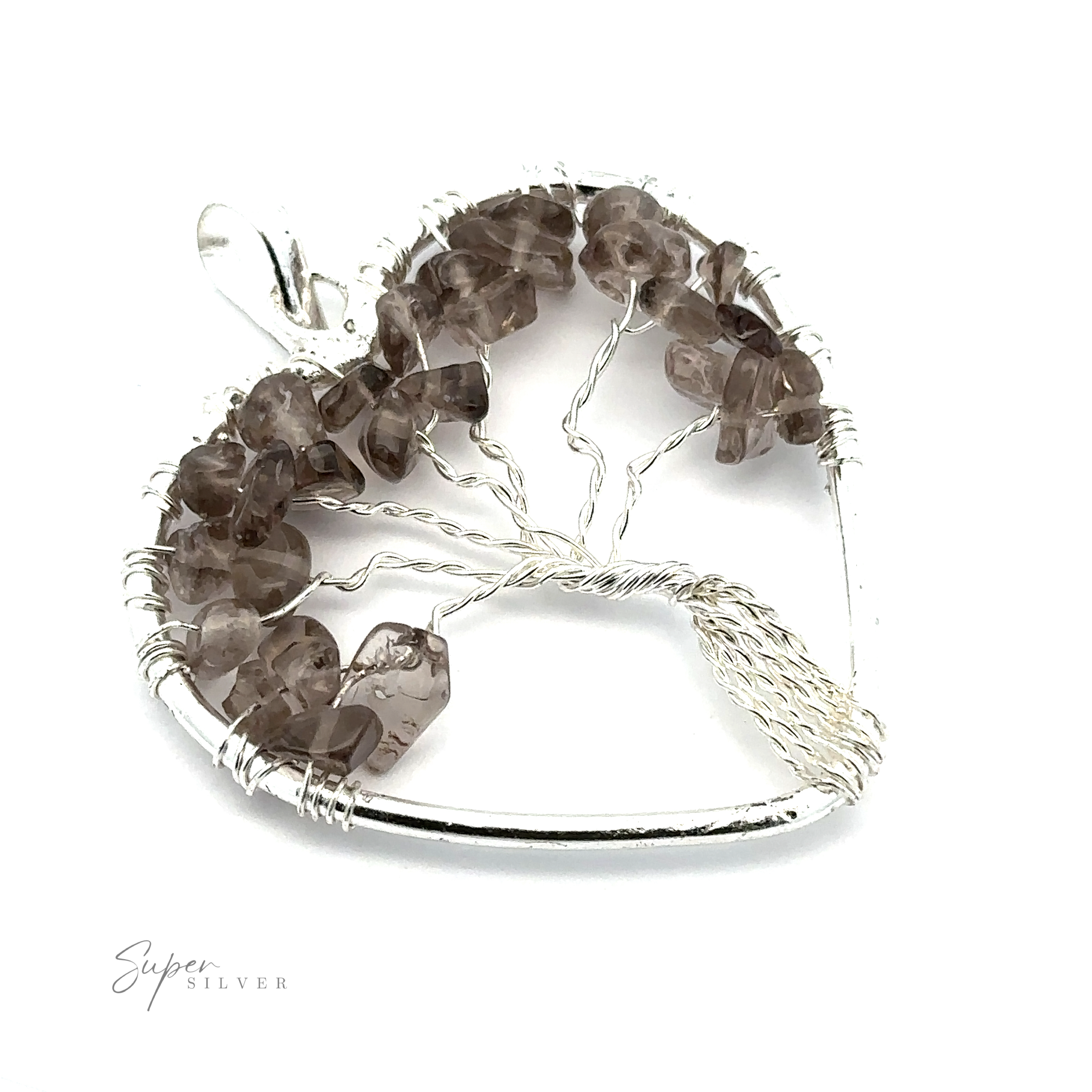 A Heart Shaped Tree of Life Pendant features small, raw stone smoky quartz beads arranged as a tree within. The inscription "Super Silver" is visible on the bottom left.