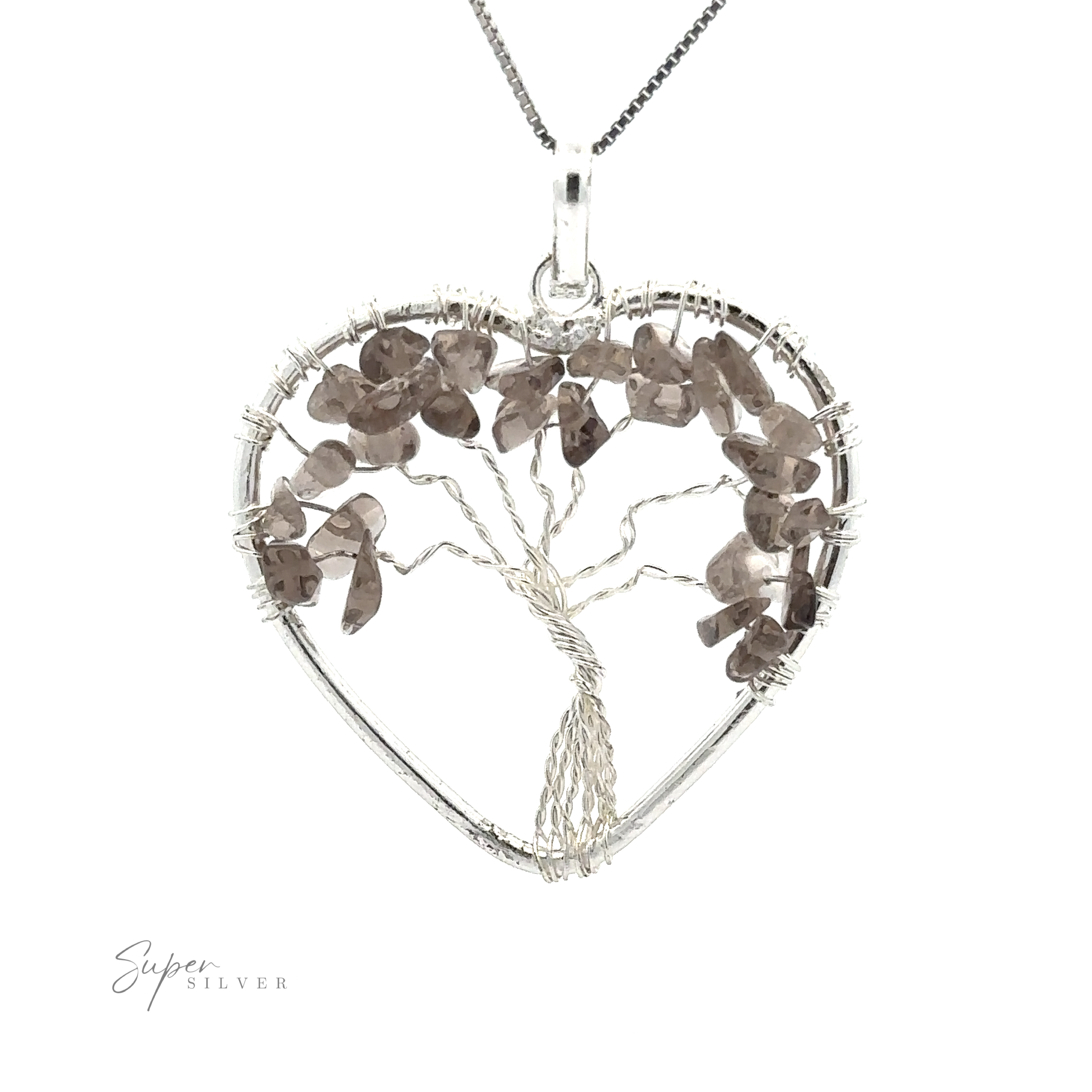 A Heart Shaped Tree of Life Pendant with a heart-shaped design, featuring small brown raw stone beads as leaves, hanging on a silver chain.