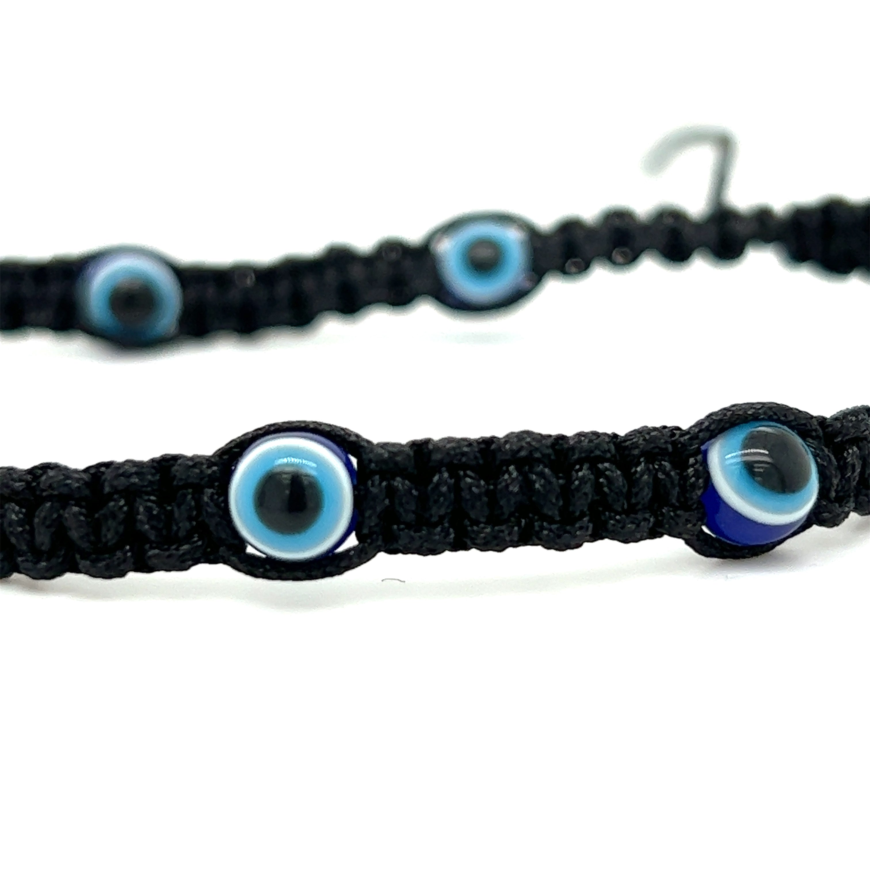 A black Adjustable Evil Eye Bracelet with a boho vibe on a white background by Super Silver.