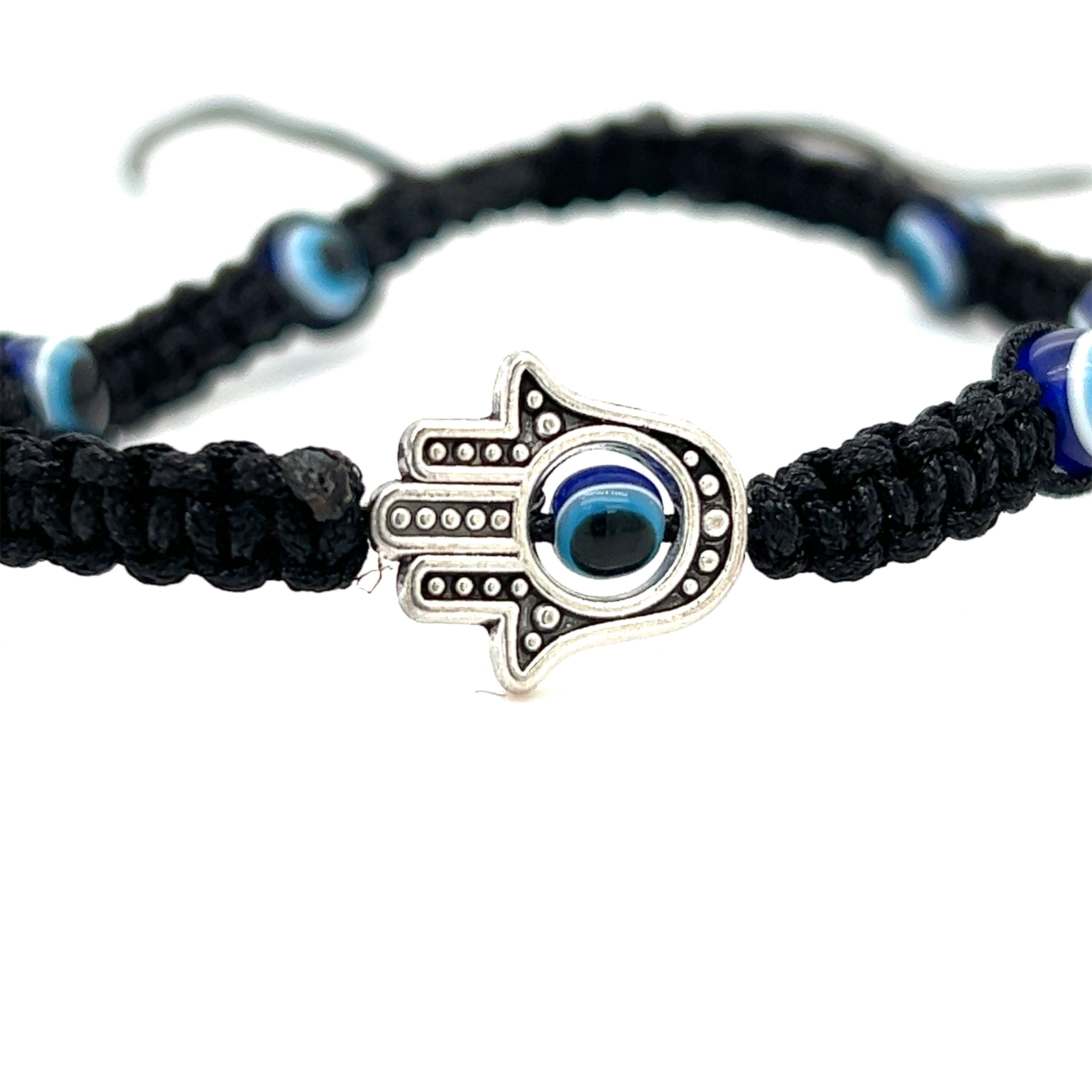 This boho vibe Adjustable Evil Eye Bracelet by Super Silver features a black design with an evil eye.