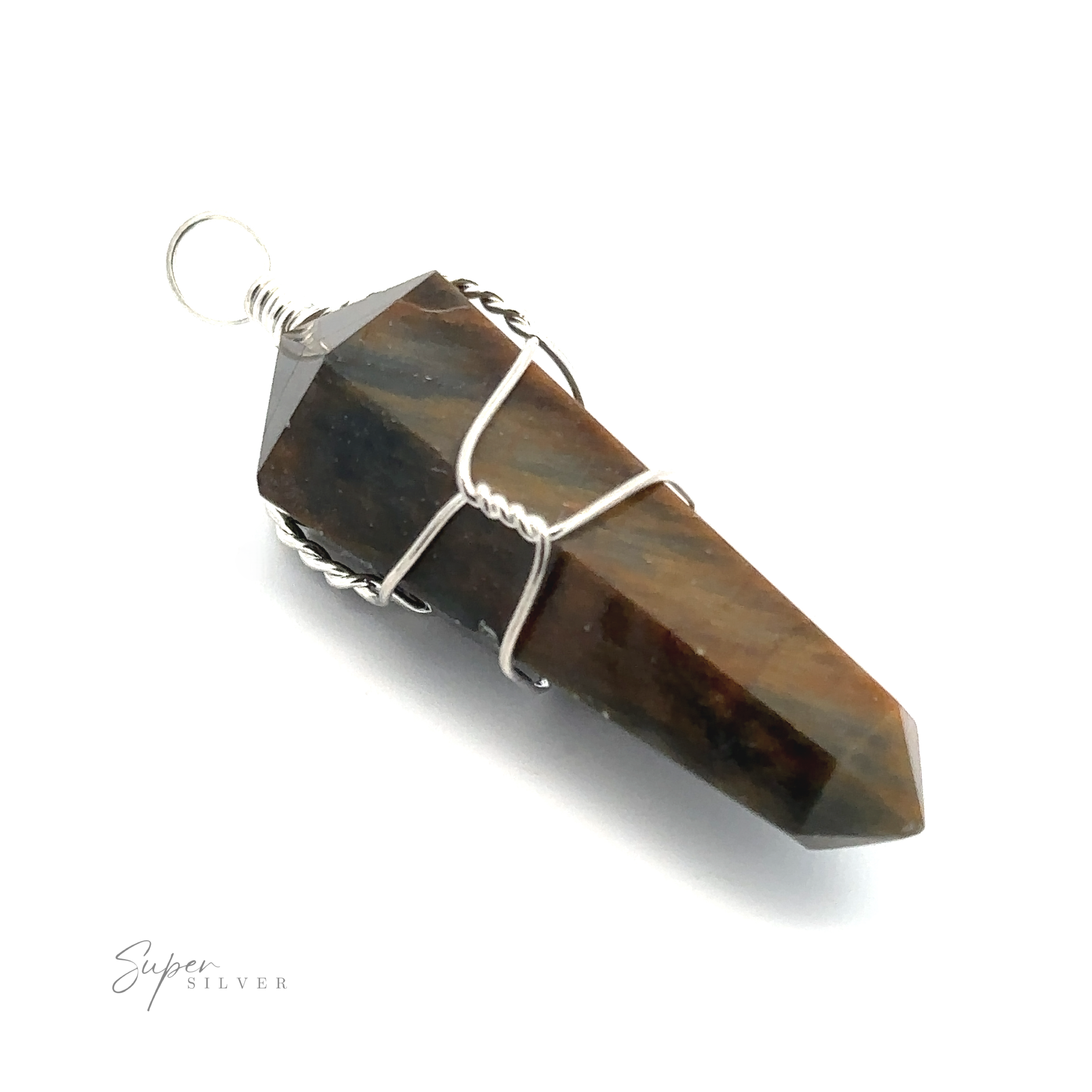 A Wire Wrapped Stone Pendant wrapped in silver wire, resembling a Bloodstone with its brown-to-black color gradient and pointed ends. The pendant rests on a white background. The text "Super Silver" is visible in the bottom left.