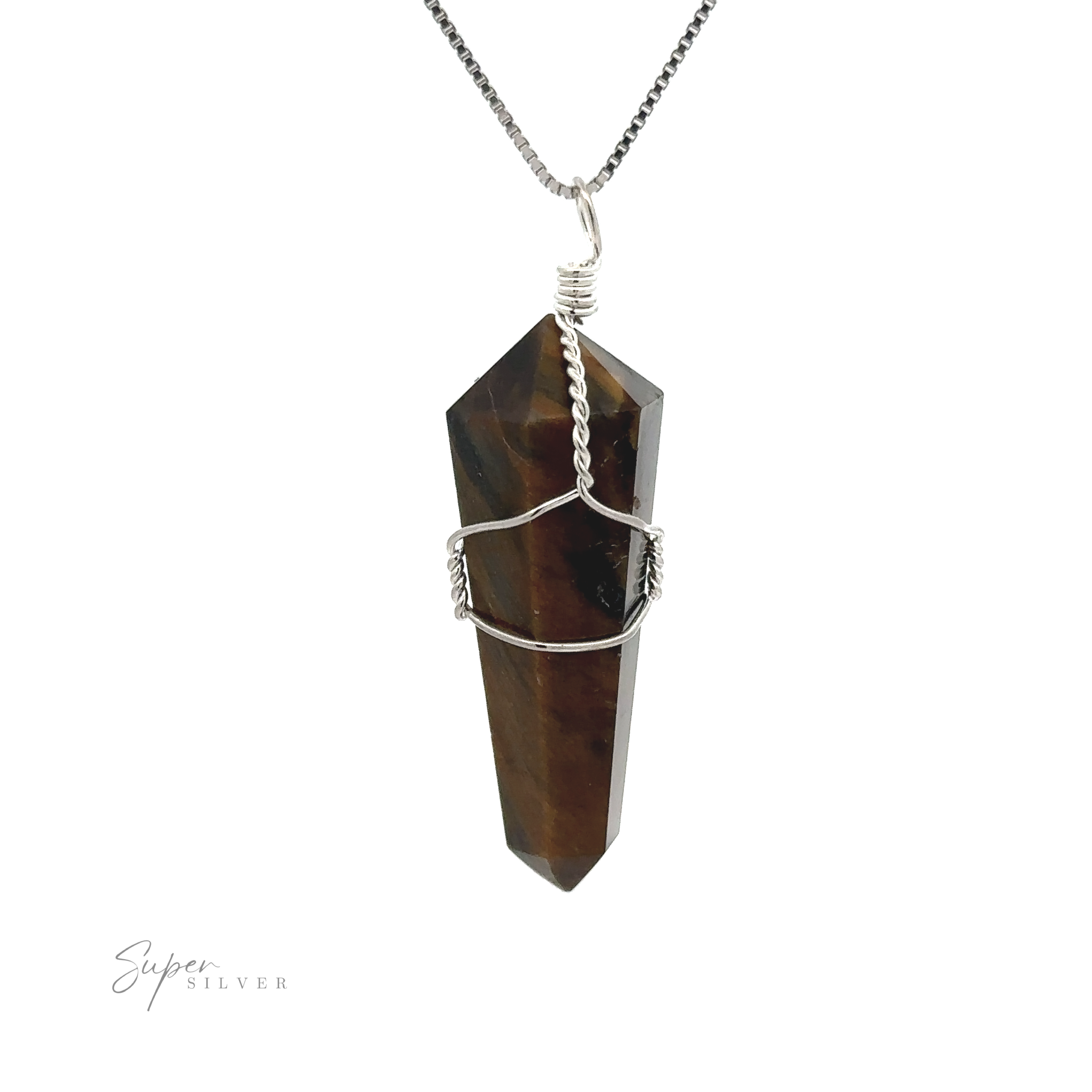 A Wire Wrapped Stone Pendant with a polished brown stone wrapped in silver wire, hanging from a silver chain against a white background, with subtle Quartz accents enhancing its elegance.