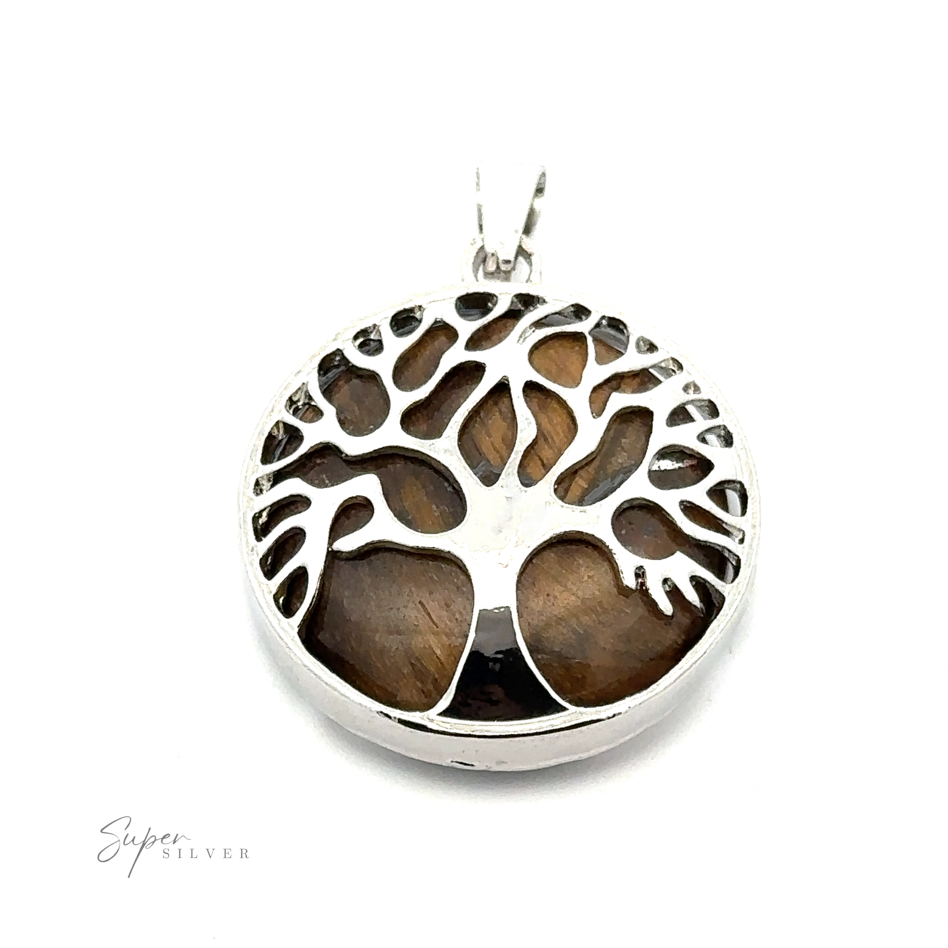 A Tree of Life Pendant with a wooden inlay on a plain white background. The pendant features intricate branches spreading out within a circular frame. The text "Super Silver" is visible at the bottom left, highlighting its silver-plated elegance.