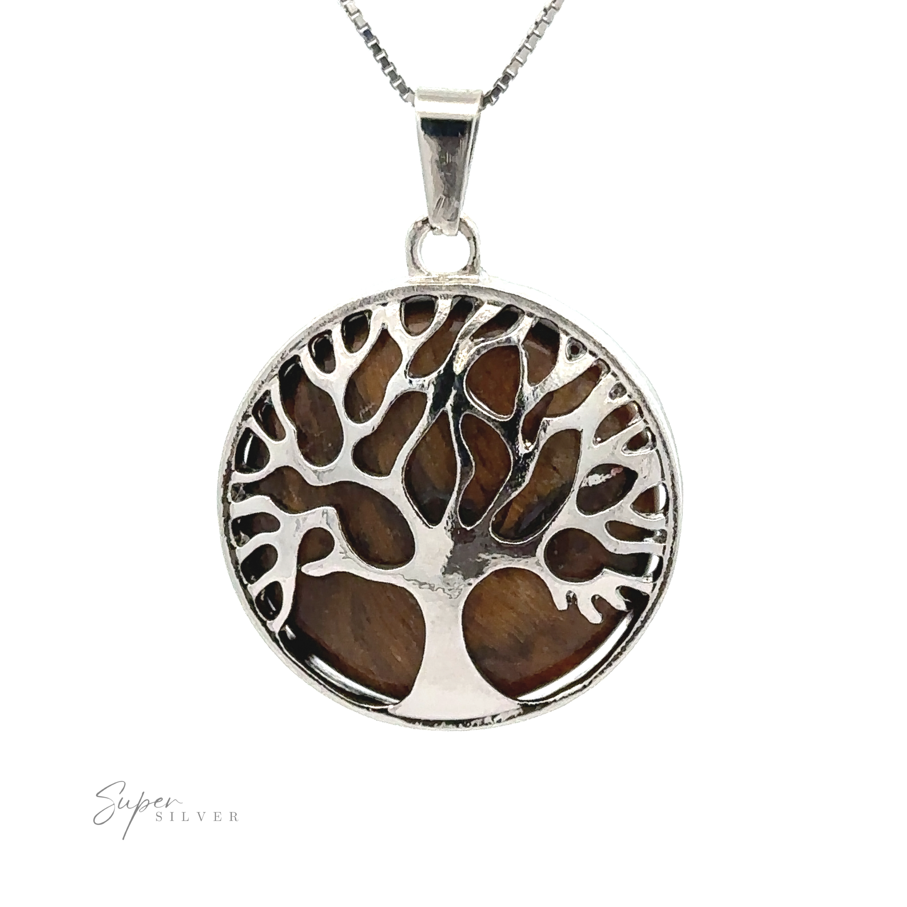 A silver Tree of Life Pendant with intricate branches, set against a dark circular background, hangs from a silver-plated chain. The logo "Super Silver" is visible in the lower left corner.