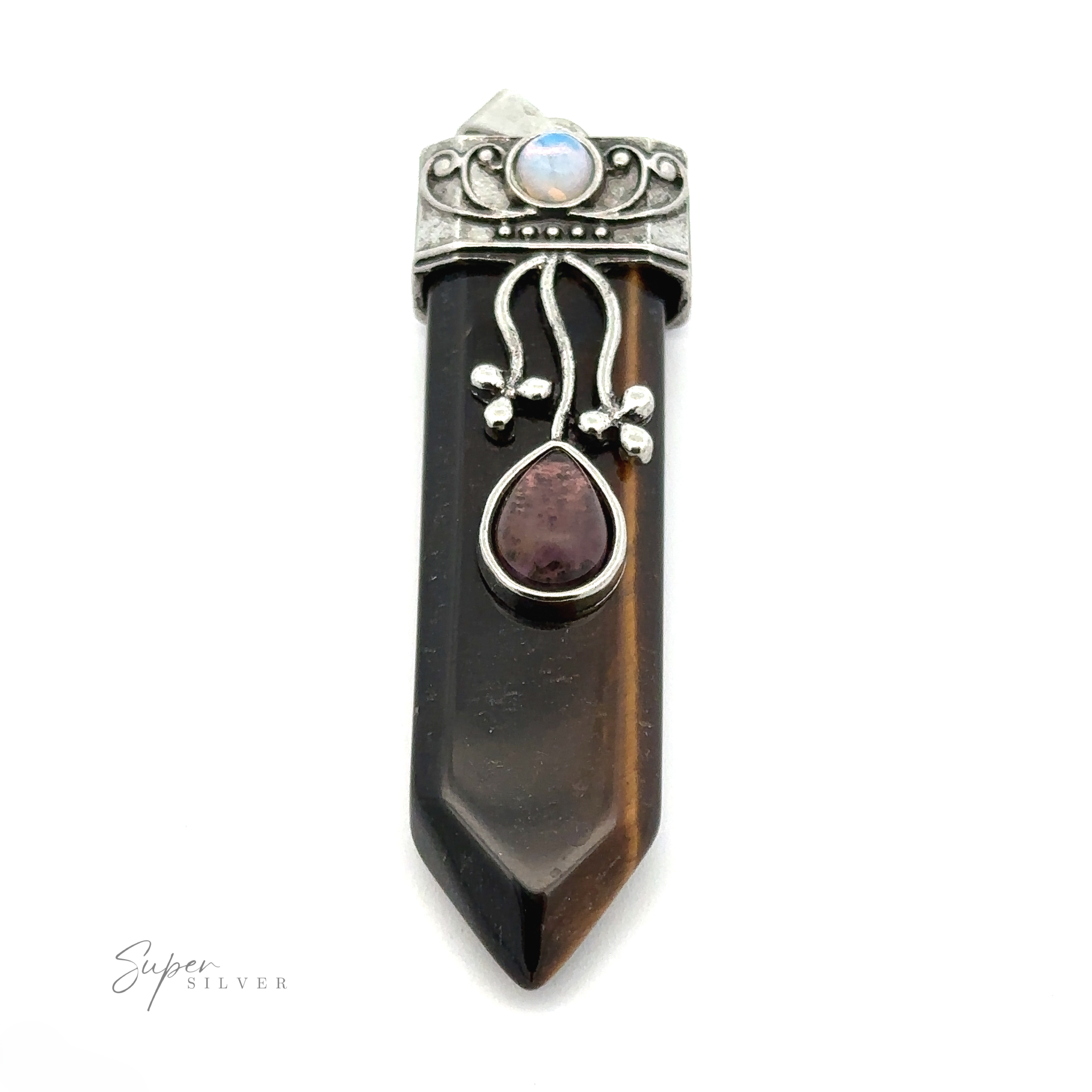A boho Obelisk Crystal Stone Pendant featuring a brown gemstone point, ornate silver detailing, and a small round opal at the top. An amethyst teardrop-shaped gem decorates the center. The brand "Super Silver" is visible.