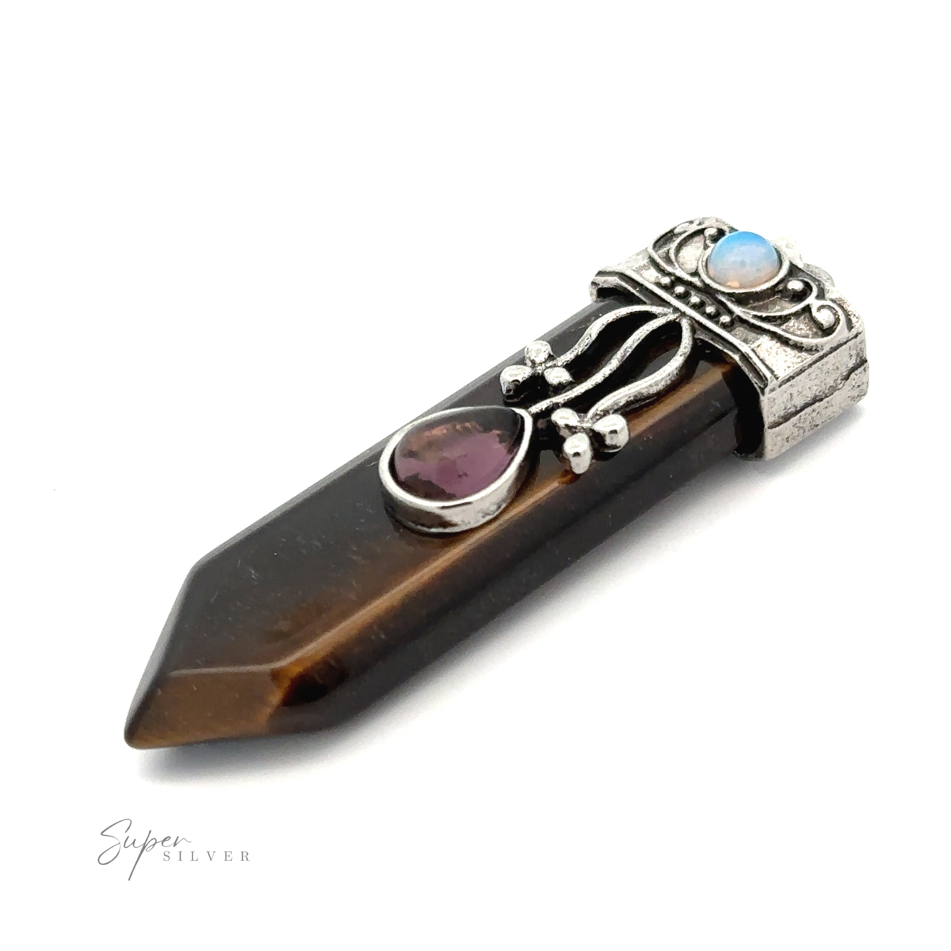 A decorative Obelisk Crystal Stone Pendant featuring a polished tiger's eye with a pointed end, adorned with a silver setting, a small attached amethyst gemstone, and an opalite stone on top.