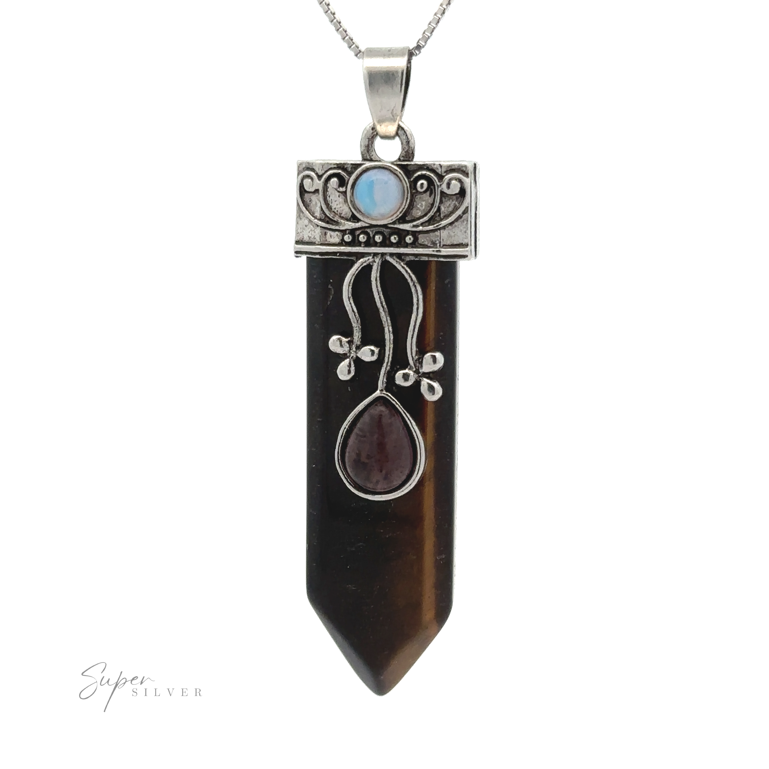An Obelisk Crystal Stone Pendant featuring a polished brown stone with a blue gem and an amethyst set in a silver decorative design, hanging from a silver chain. Perfect for those who love boho crystal stone pendants.