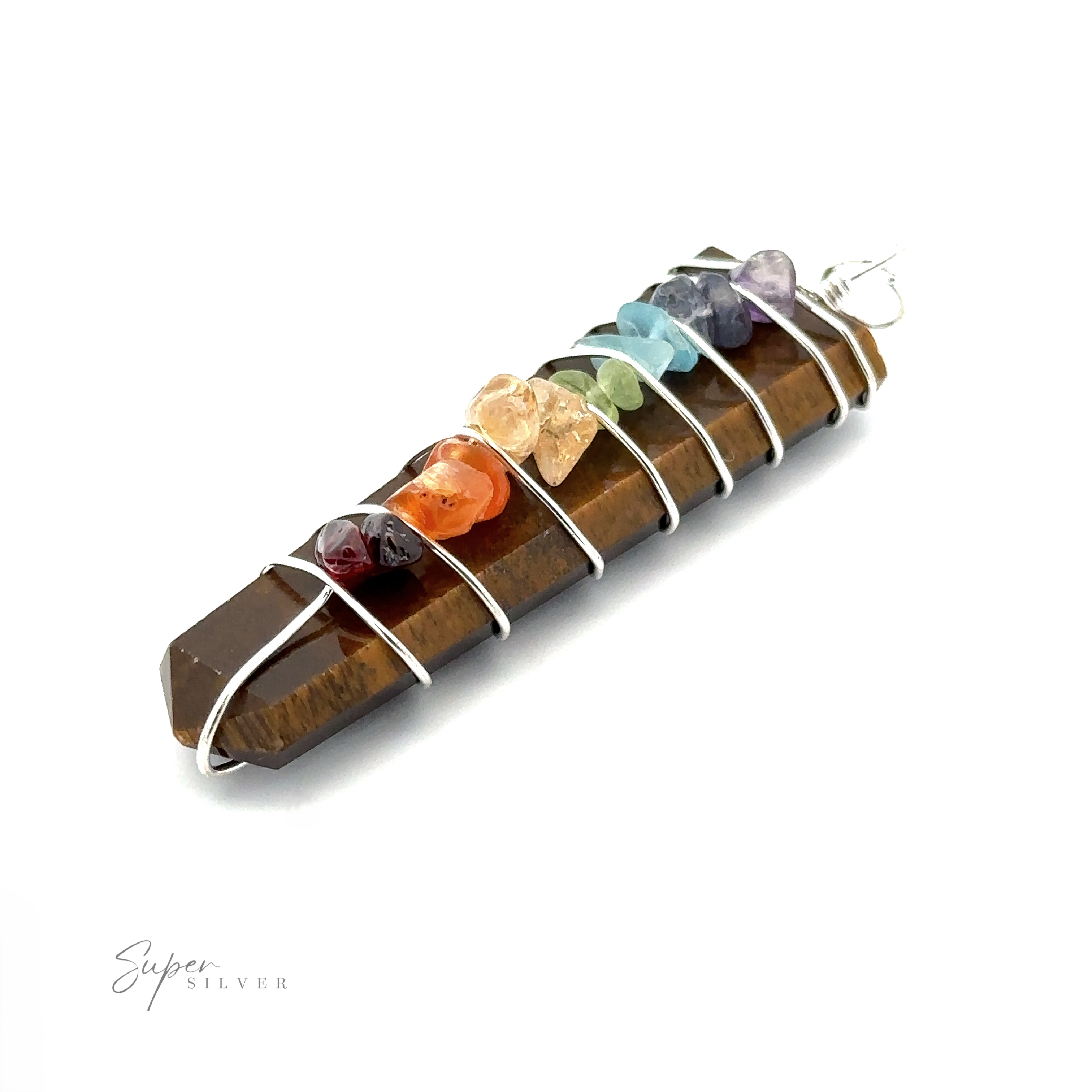 A Stone Slab Wire-Wrapped Chakra Pendant featuring a brown crystal with eight multicolored chakra stones attached along the silver wire.