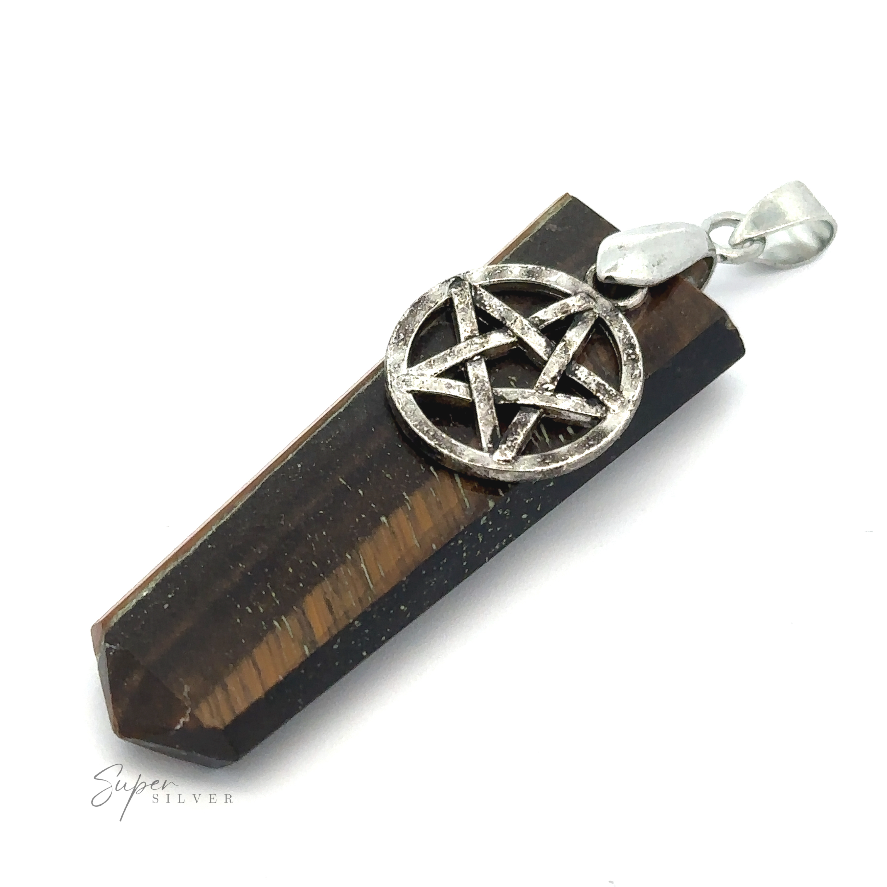 A pendant with a Pentagram charm attached to a dark, faceted crystal. The metal is silver-toned, and the pendant has a loop for attachment to a necklace. Branding "Pentagram Stone Slab Pendant" visible at the bottom.