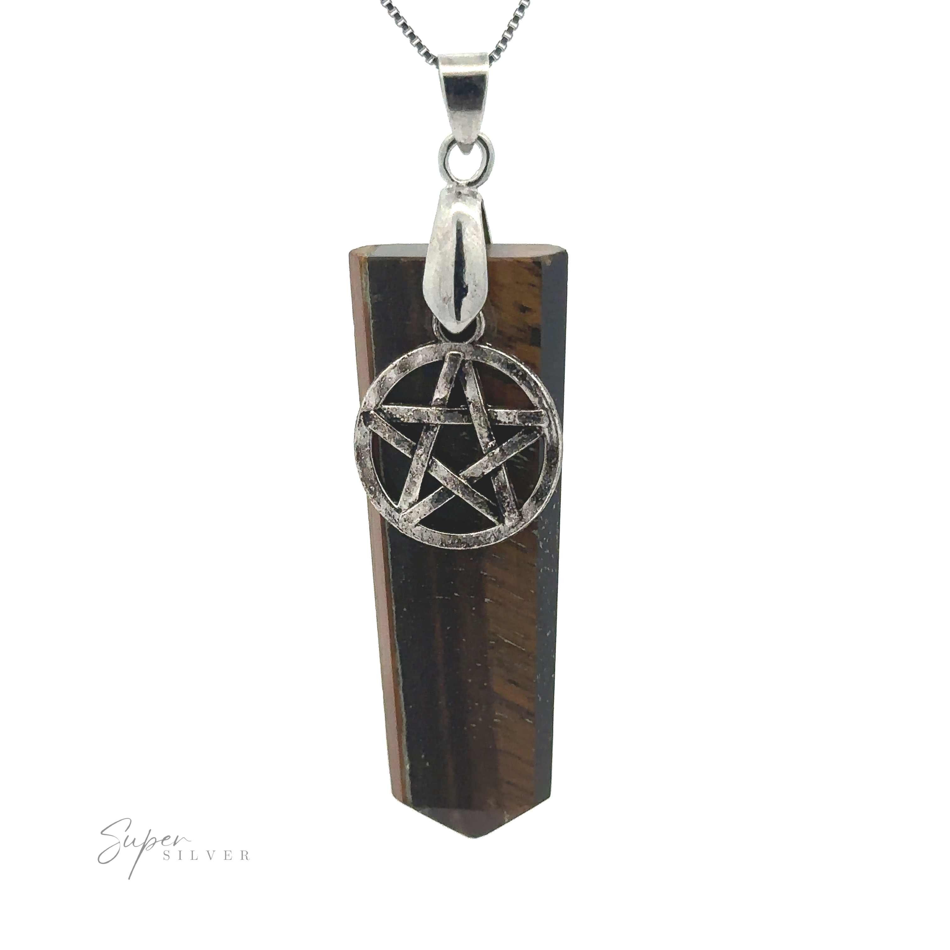 A Pentagram Stone Slab Pendant, with a pentagram charm attached to a brown, rectangular prism gemstone slab, hanging from a silver chain. The inscription "Super Silver" is in the bottom left corner.