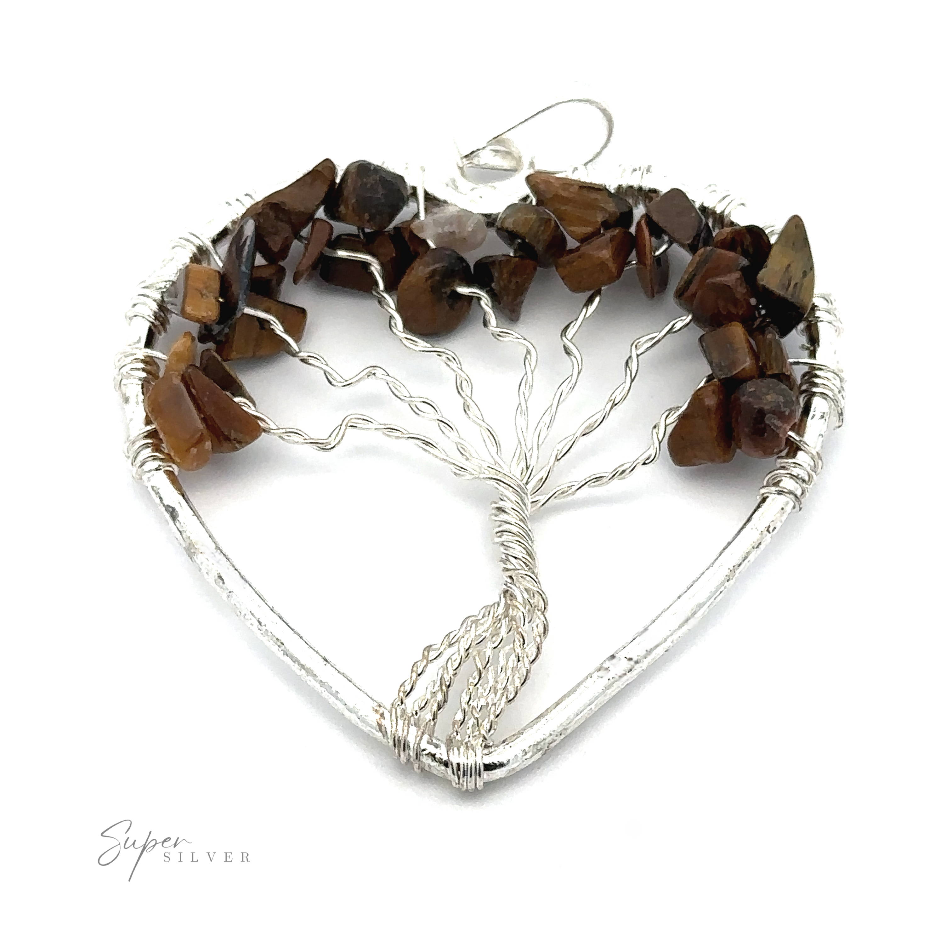 Heart Shaped Tree of Life Pendant featuring an intricate tree of life design, adorned with raw stone beads. The "Super Silver" branding is prominently visible in the bottom left corner.