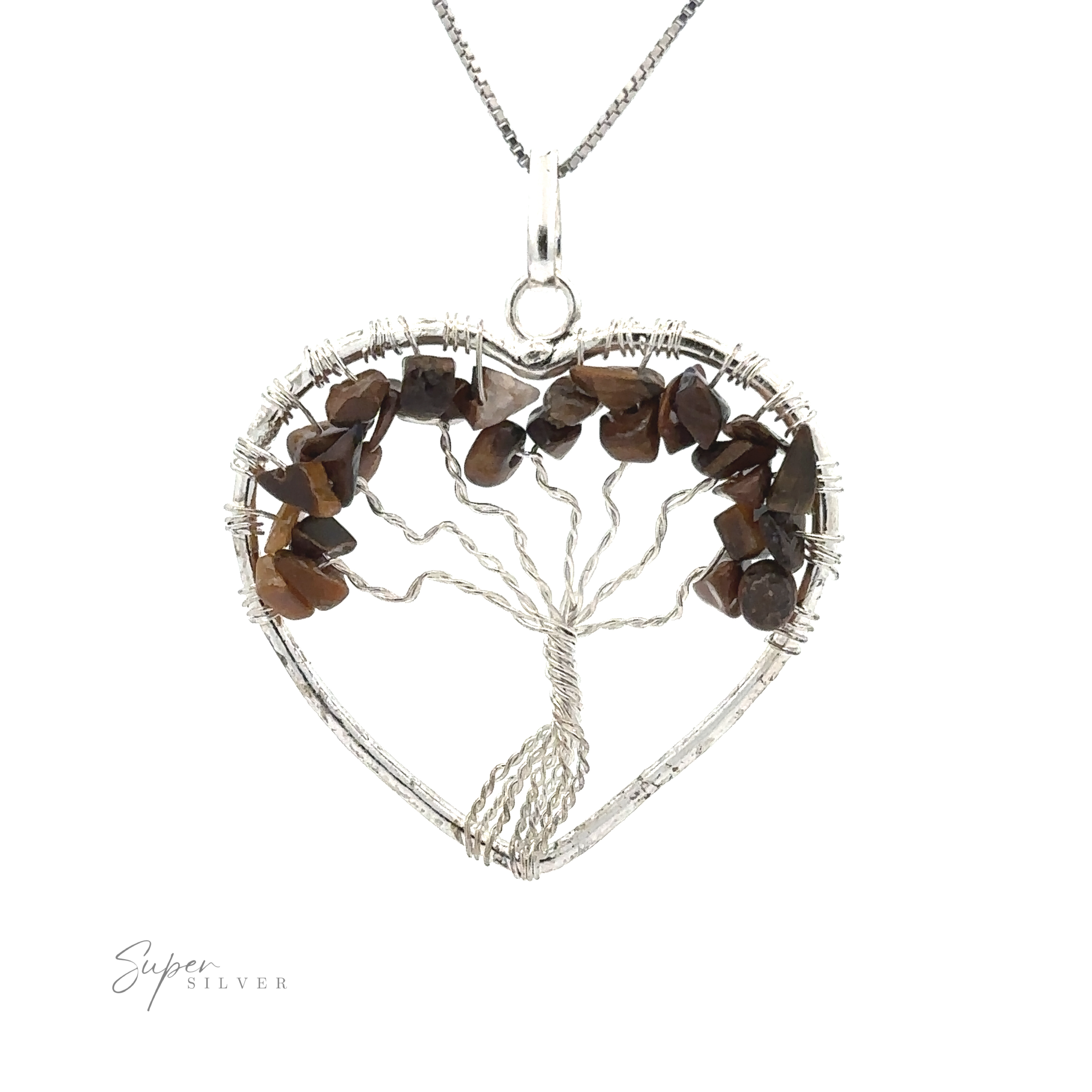 A Heart Shaped Tree of Life Pendant featuring a wire-crafted design adorned with raw stone beads as leaves.