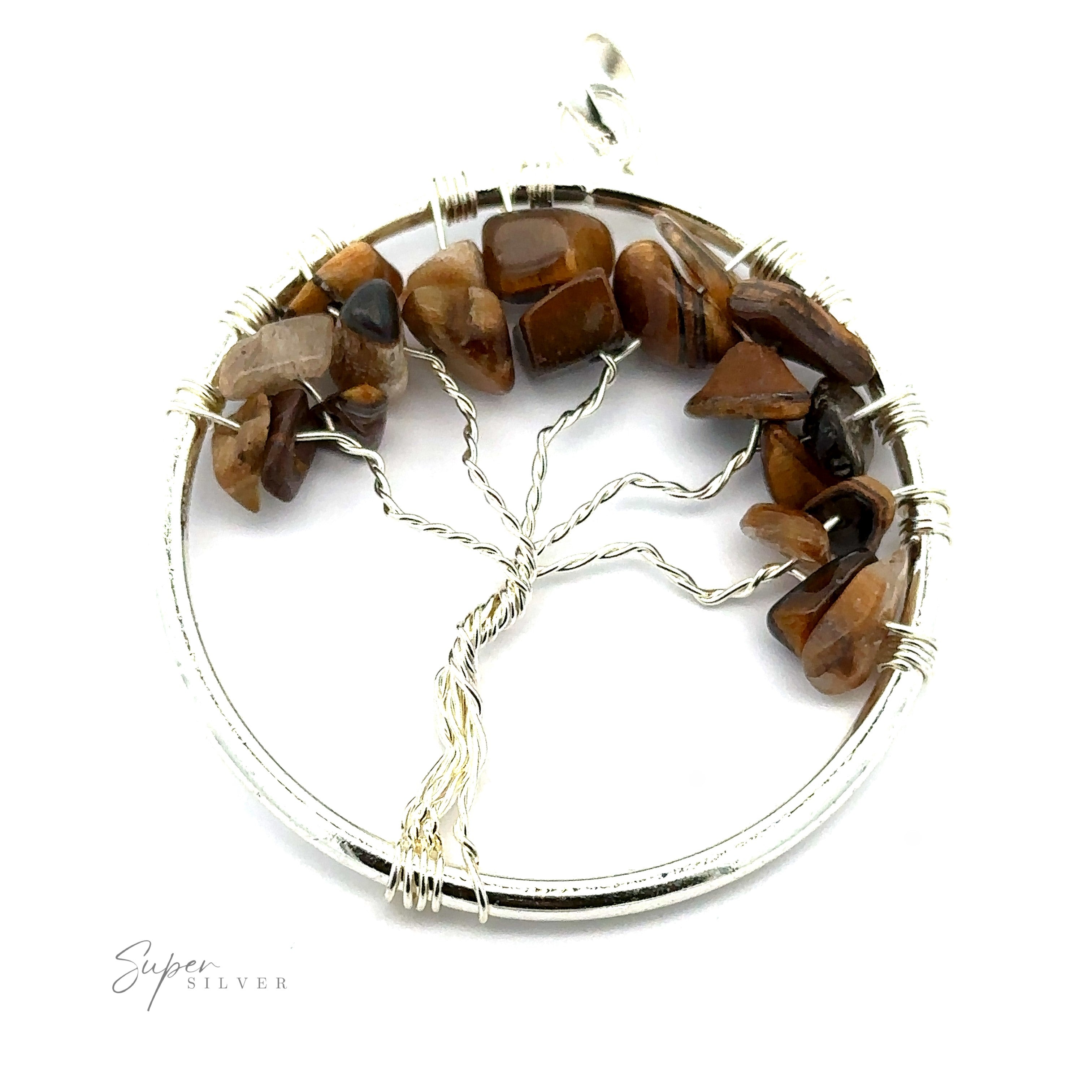 Wire Wrapped Tree of Life Pendant with Stones. The name "Super Silver" is in the lower left corner.