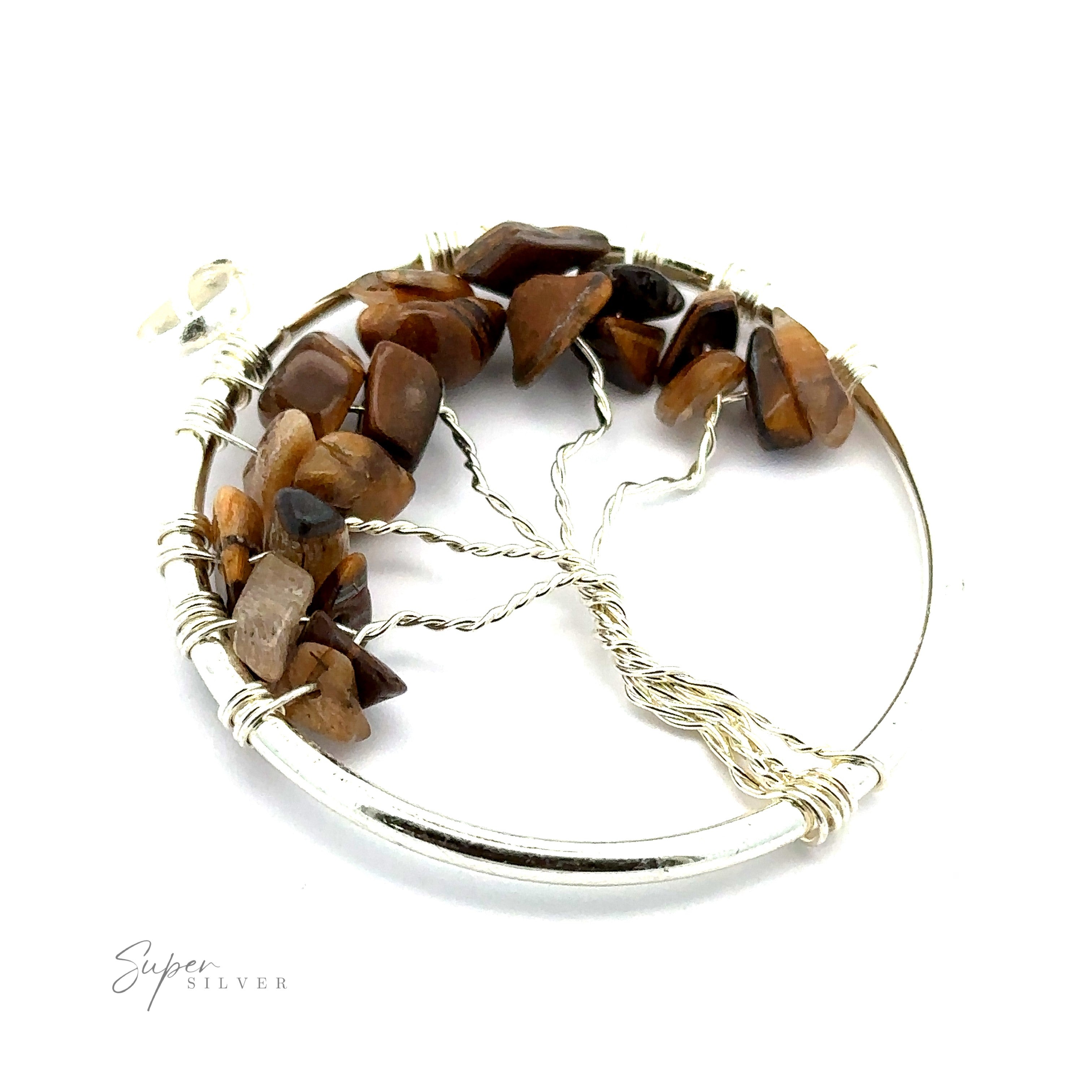 A Wire Wrapped Tree of Life Pendant with Stones shaped from silver wire, with brown gemstones representing leaves, arranged in a circular frame. The lower right of the image features the text "Super Silver".
