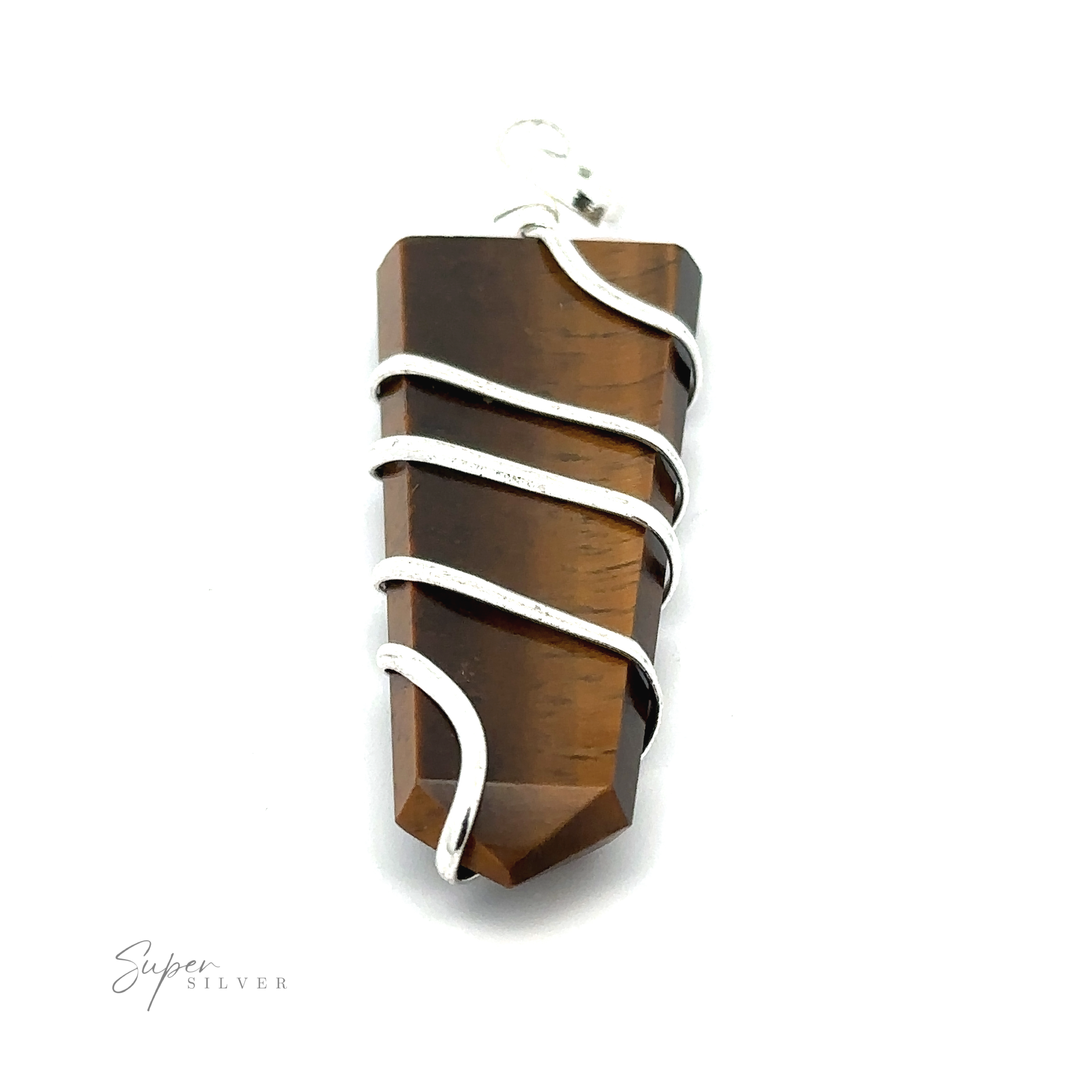 A brown crystal pendant wrapped in silver wire with a loop at the top, labeled "Wire Wrapped Slab Pendant" at the bottom left. This exquisite gemstone jewelry piece showcases the art of wire wrapping at its finest.