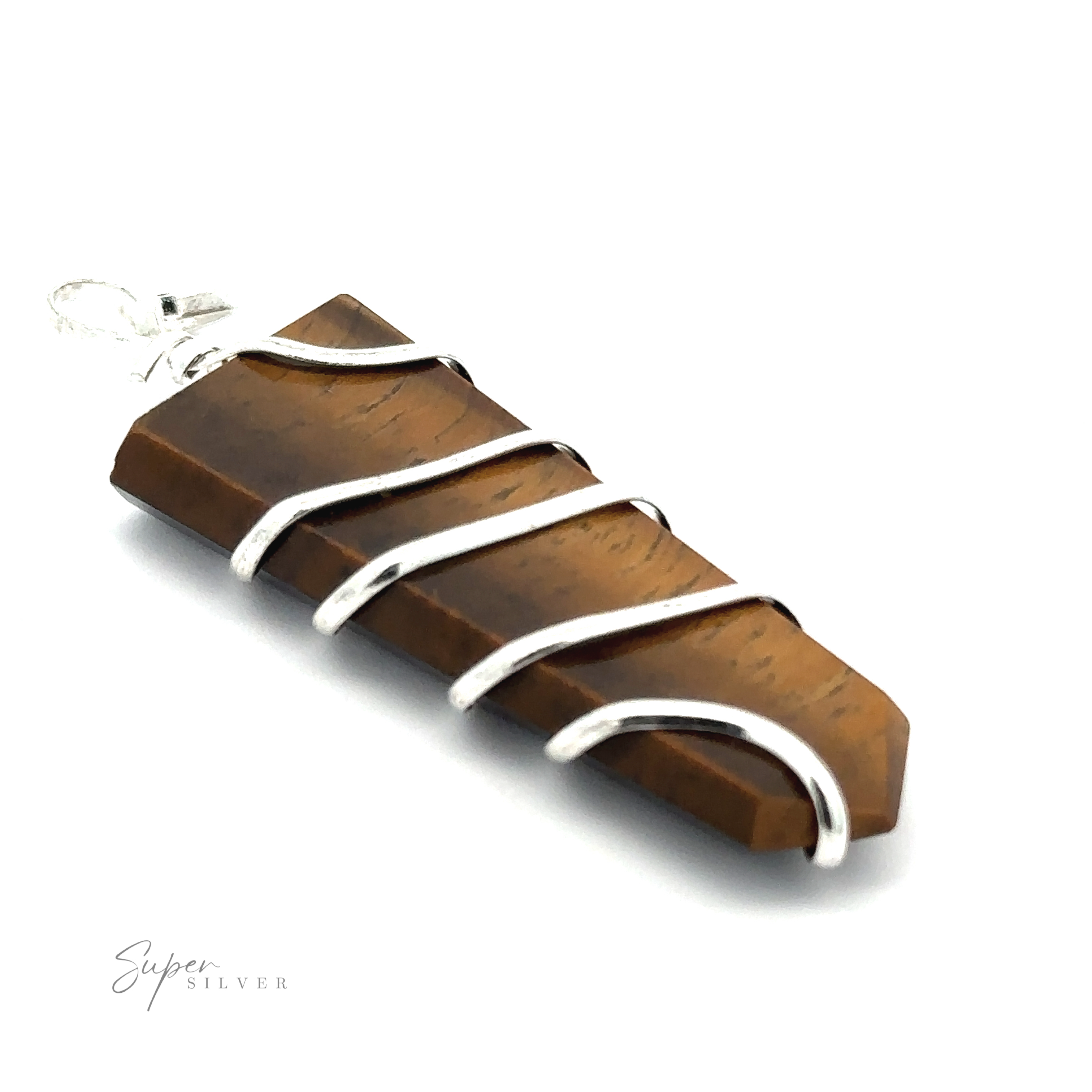 A Wire Wrapped Slab Pendant, laying on a white background with the words 'Super Silver' in the corner. This exquisite piece of gemstone jewelry blends natural beauty with elegant craftsmanship.