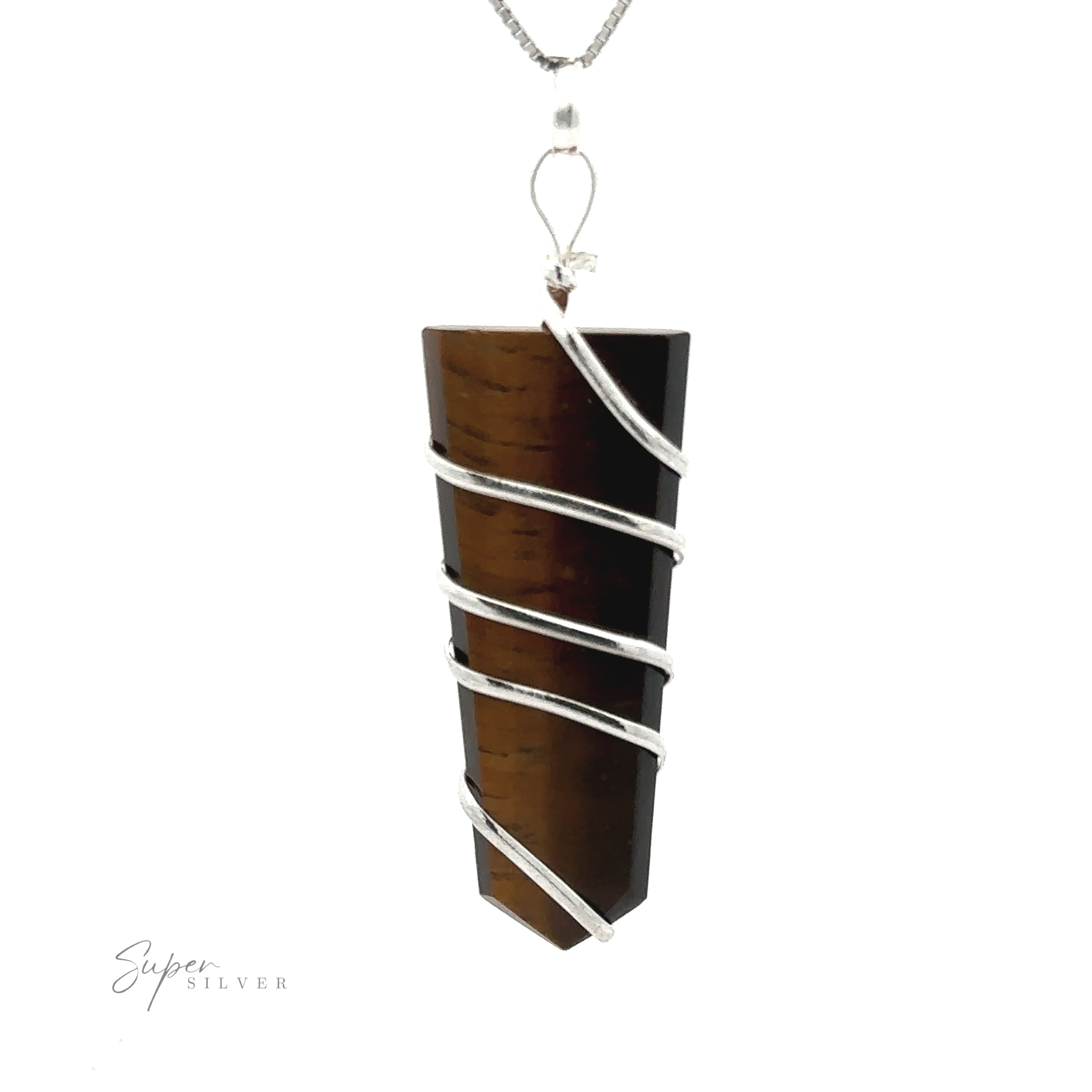 A stunning Wire Wrapped Slab Pendant featuring a polished brown gemstone, elegantly suspended from a silver chain—perfect for those who appreciate fine gemstone jewelry.