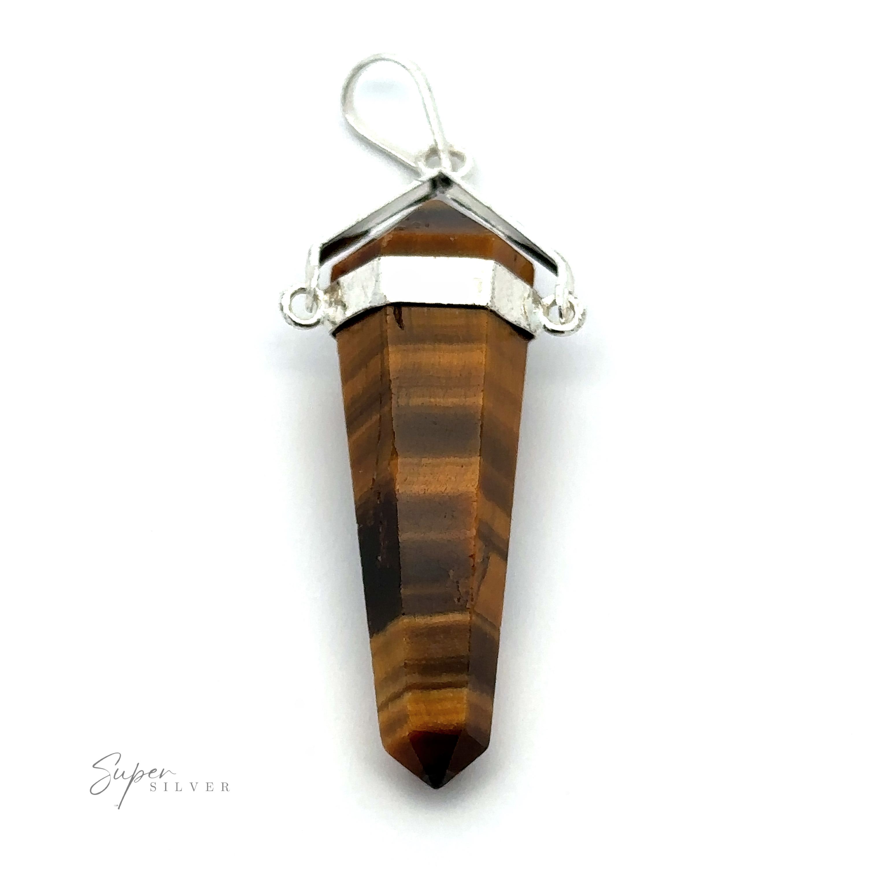 A Raw Stone Swivel Pendant with silver-plated detailing and a triangular, pointed shape, displayed against a plain white background.