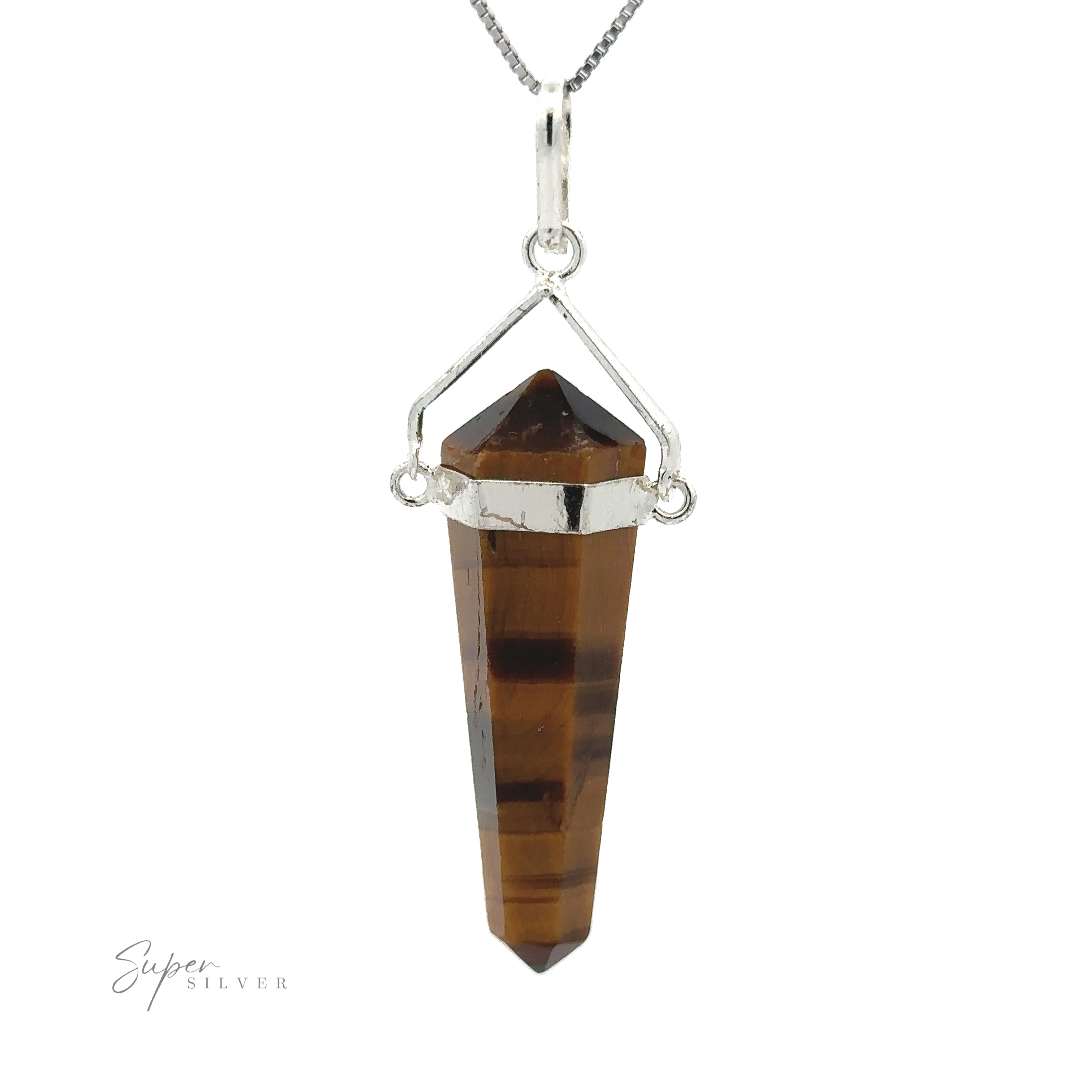 A Raw Stone Swivel Pendant, featuring a brown crystal prism encased in a silver-plated setting, hangs from a thin chain. The brand name "Super Silver" is visible in the bottom left corner.