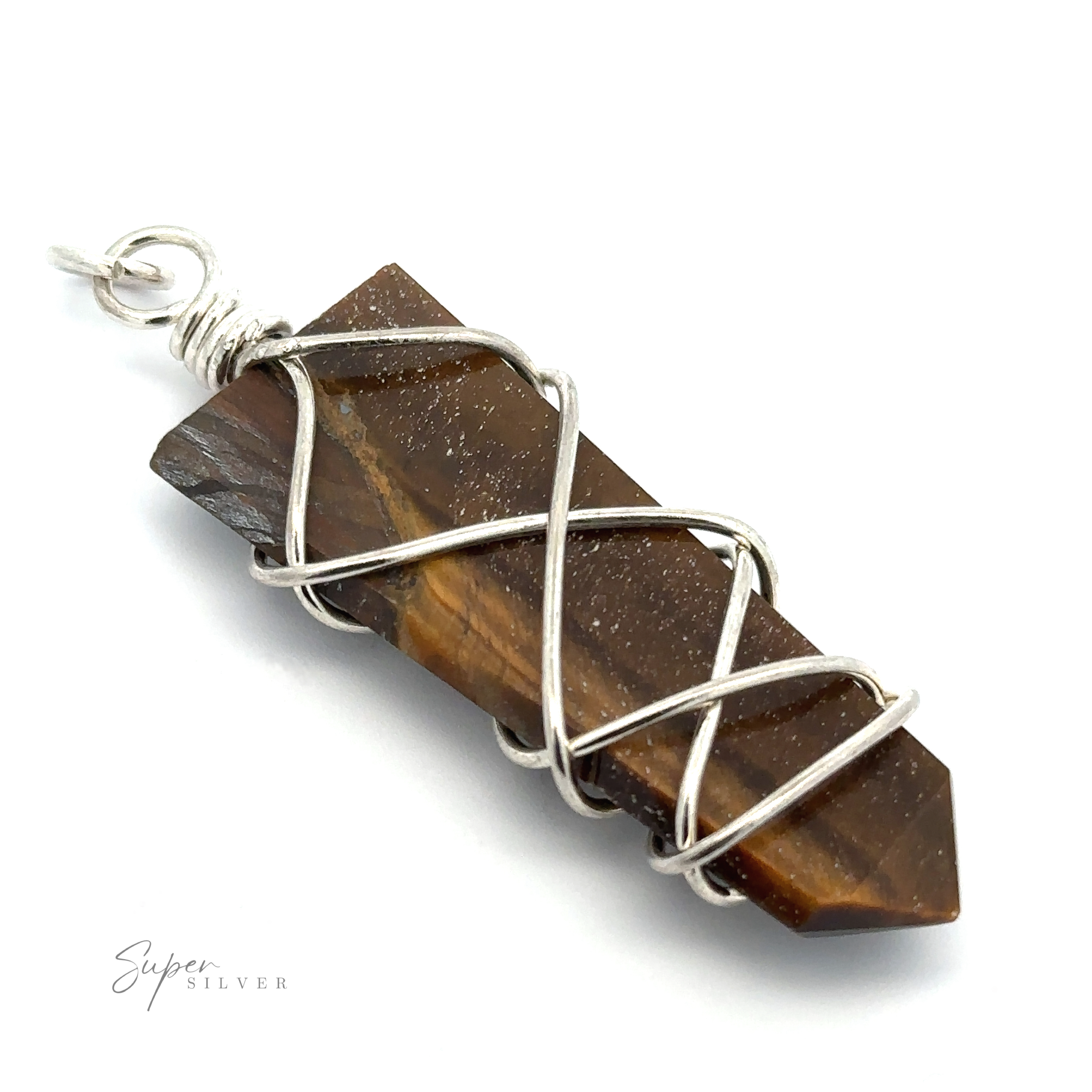 A brown gemstone forms a stunning pendant wrapped in intricate silver wire, complete with a loop at the top for attaching to a necklace. "Stone Slab Pendant with Wire Wrapping" is elegantly inscribed in the bottom left corner, showcasing exquisite wire wrapped jewelry craftsmanship.