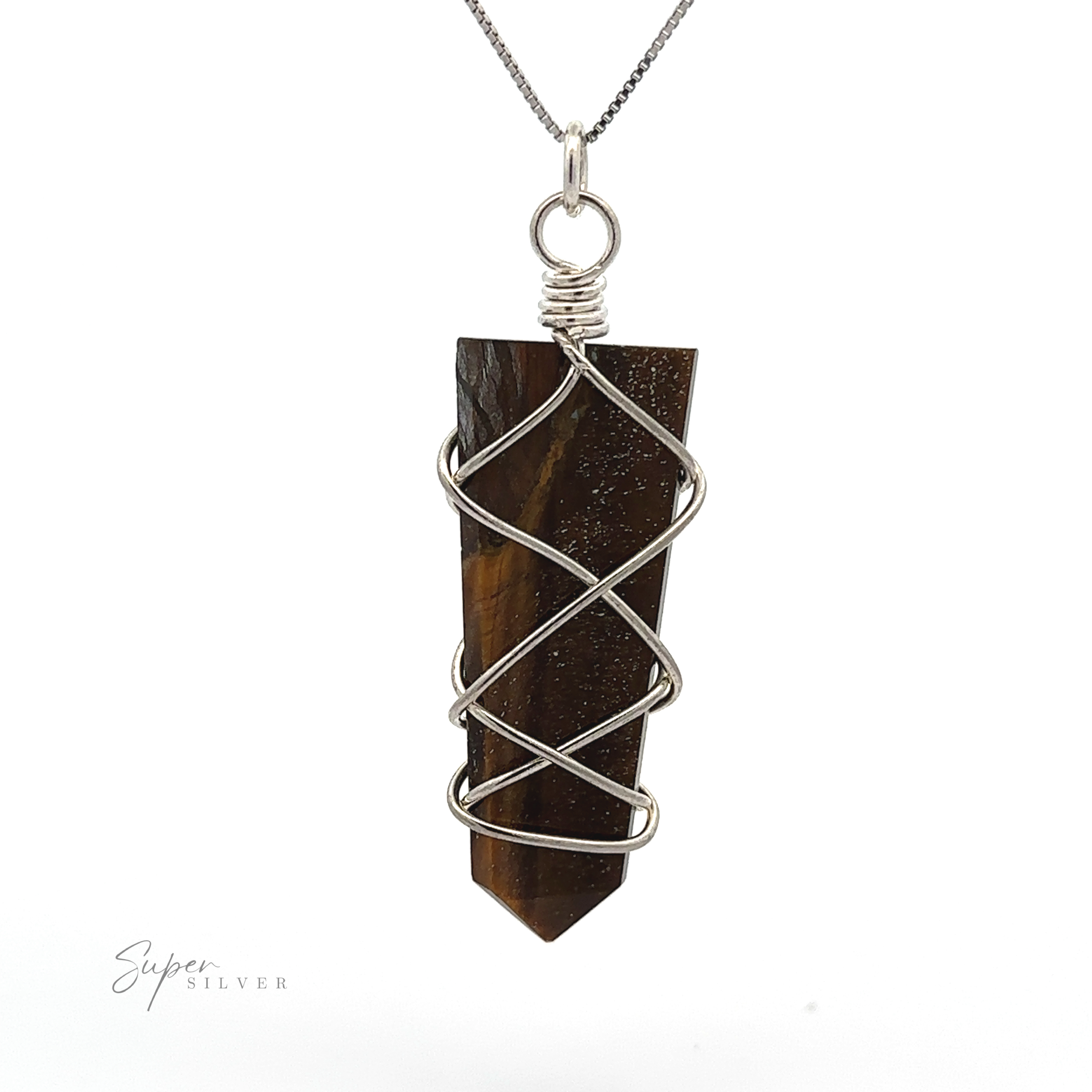 A pendant featuring a pointed brown gemstone wrapped in silver wire, hanging from a silver chain with "Stone Slab Pendant with Wire Wrapping" text in the bottom left corner. This stunning piece of wire wrapped jewelry showcases the perfect blend of elegance and craftsmanship.