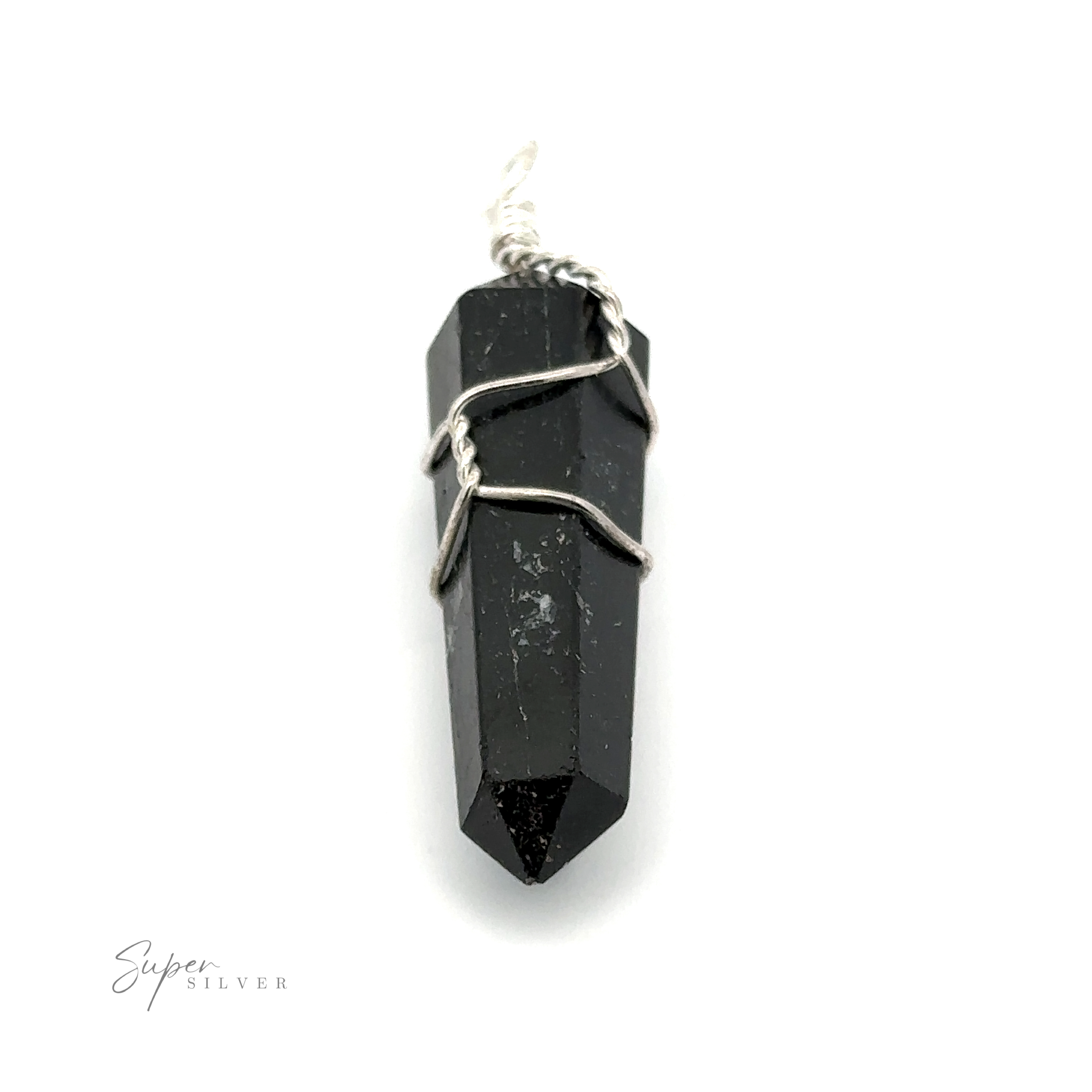 A striking black crystal pendant wrapped in silver wire, with the words "Wire Wrapped Stone Pendant" elegantly printed in the bottom left corner, exudes a captivating aura akin to that of Quartz.