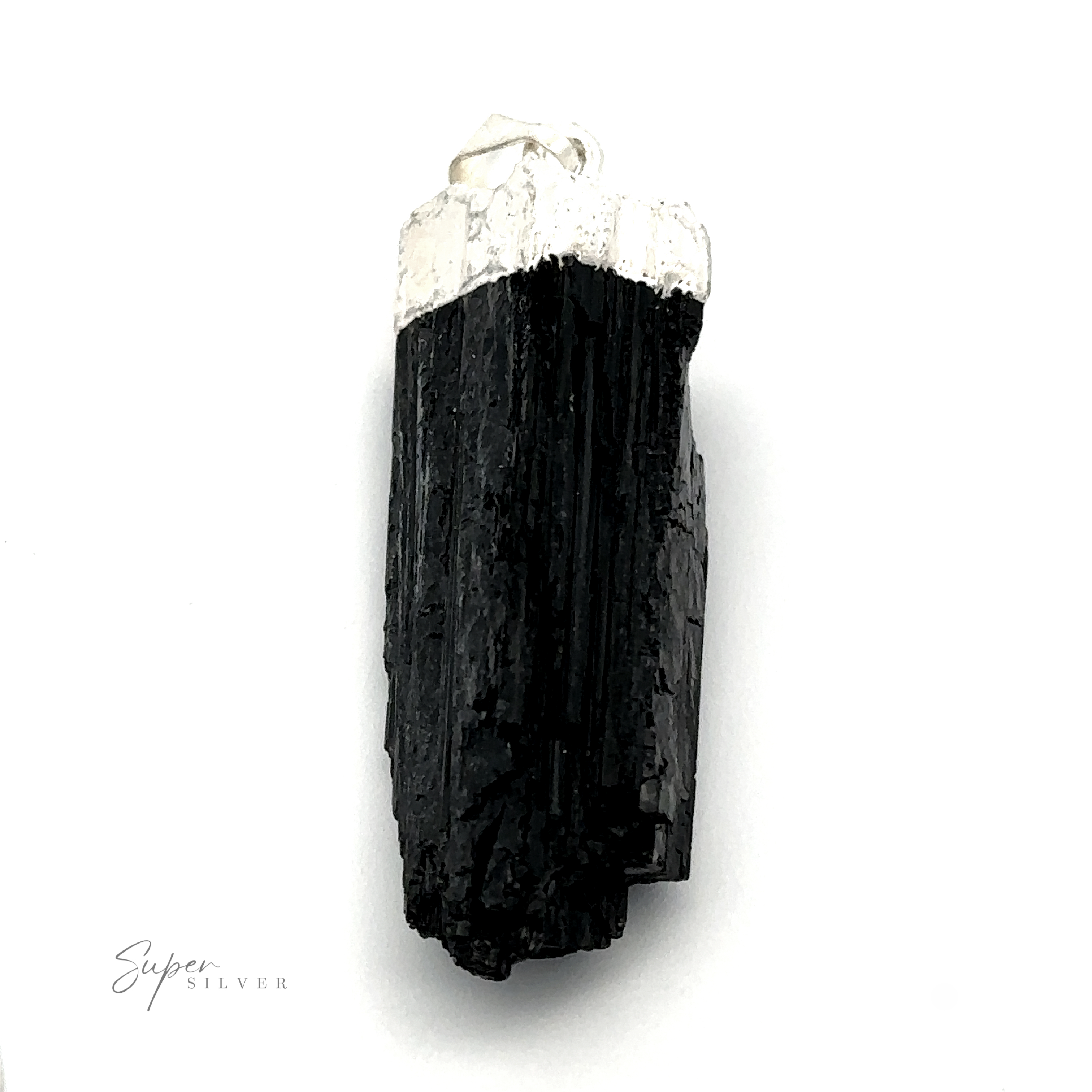 A Raw Crystal Pendant With Silver Cap against a white background. The words "Super Silver" are visible below the Natural Gemstone pendant on the left side.