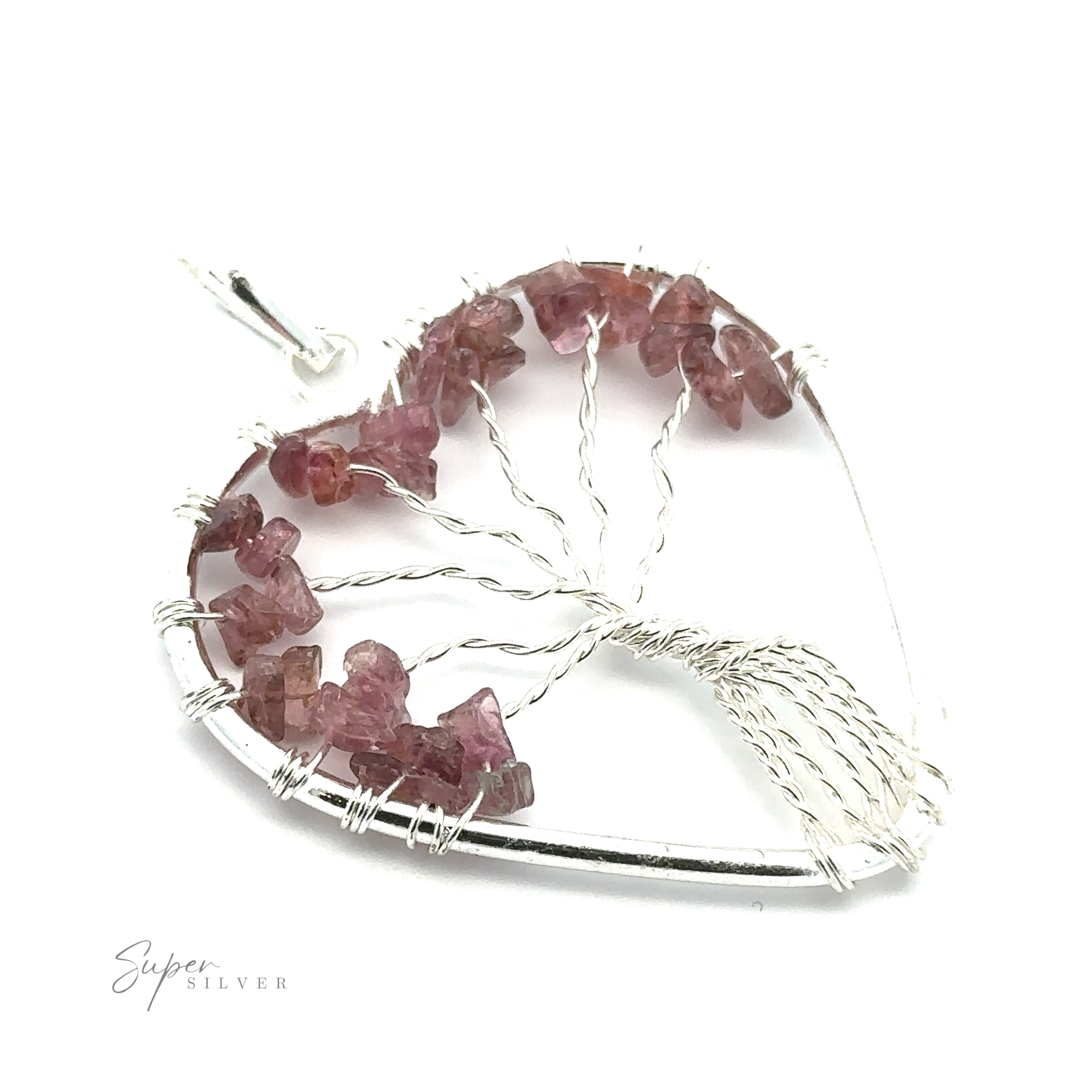 Heart Shaped Tree of Life Pendant featuring raw stone beads in pink, forming a Tree of Life design. Text reads "Super Silver.
