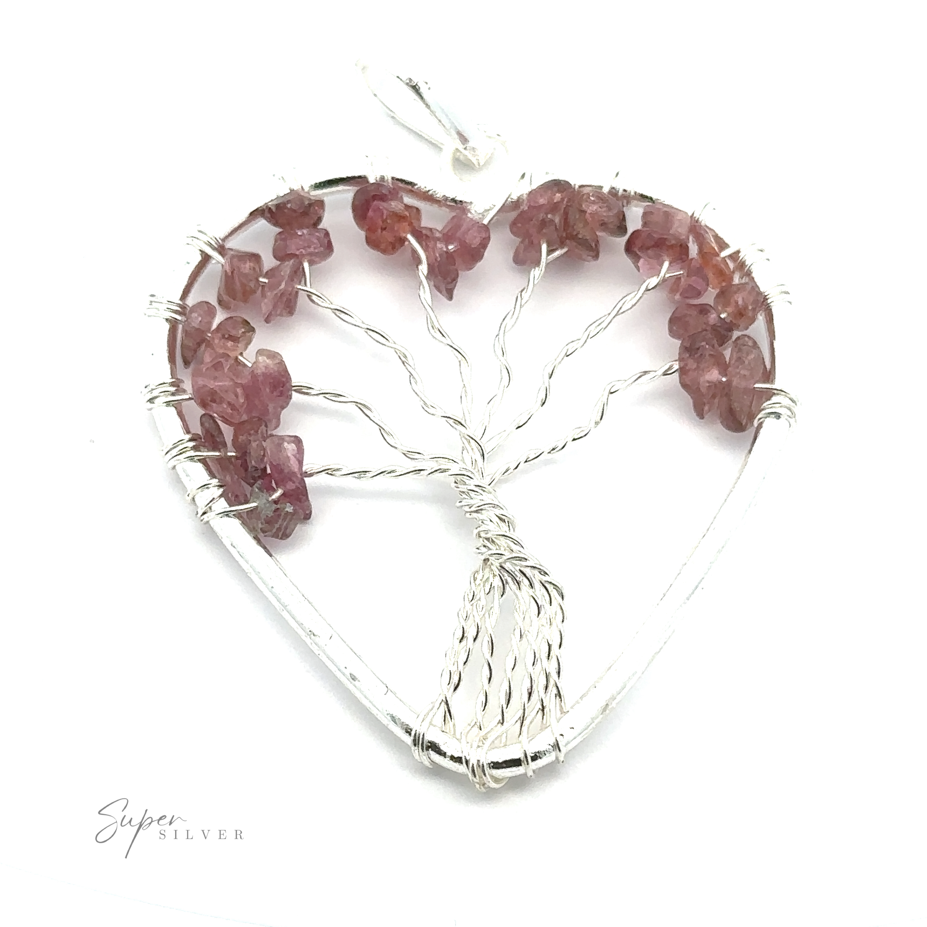 Heart Shaped Tree of Life Pendant featuring a central wire tree of life design adorned with pink gemstone leaves and scattered raw stone beads along the branches.