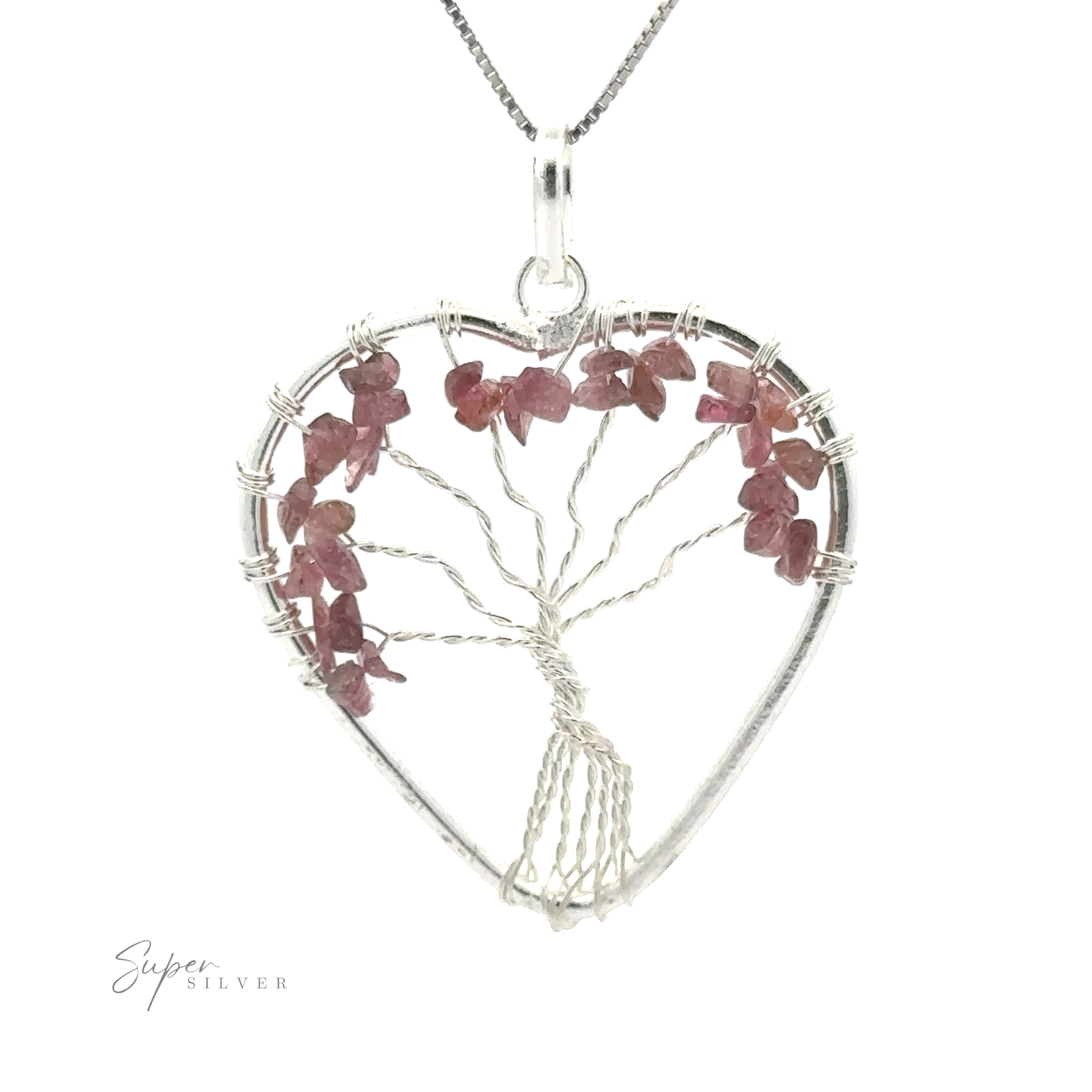 Heart Shaped Tree of Life Pendant featuring a wire tree design with pink gemstone leaves, hanging from a delicate chain adorned with raw stone beads.