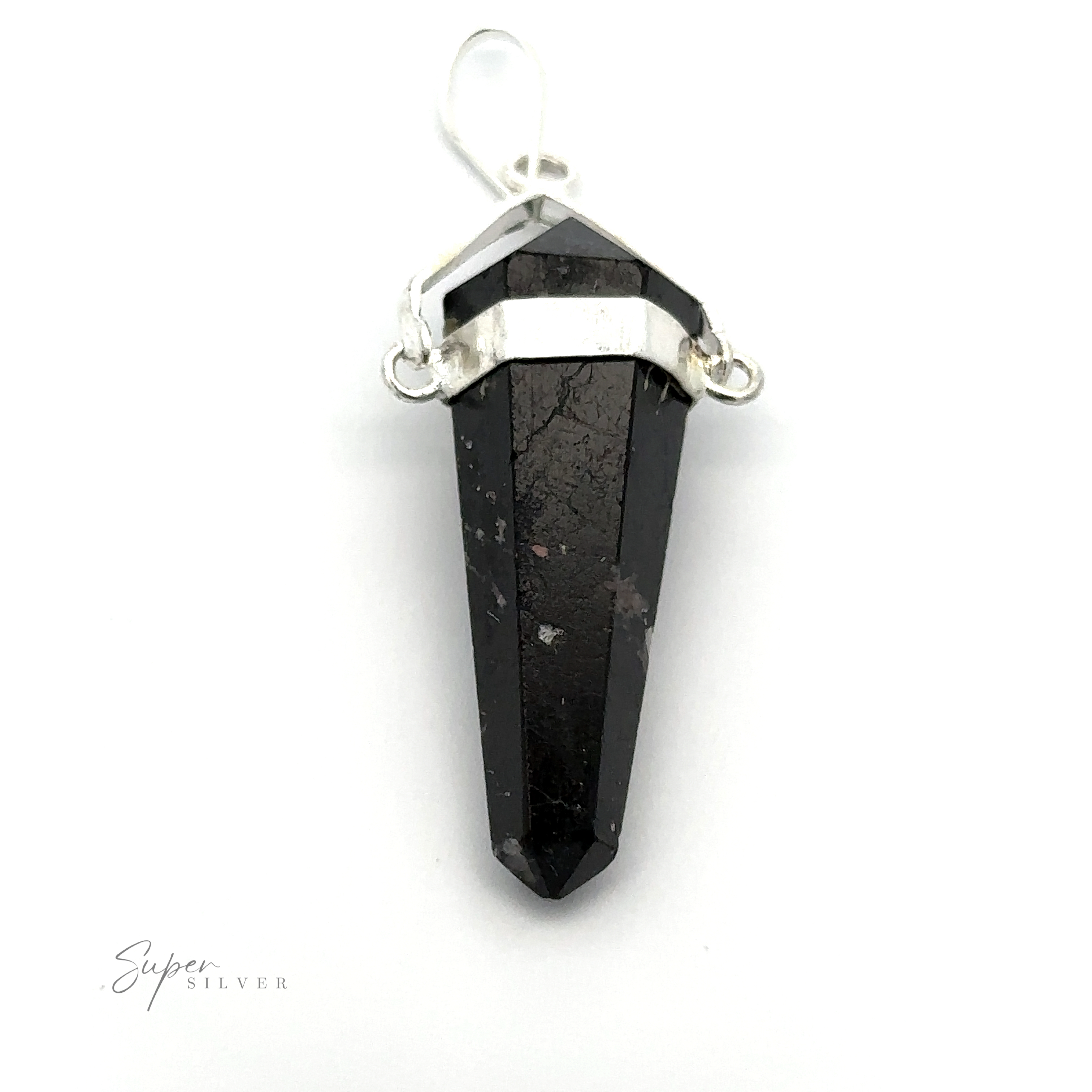 A Raw Stone Swivel Pendant with a silver-plated setting and a hook for attachment. The raw stone obelisk adds an earthy touch. The background is white with "Super Silver" text in the lower left corner.