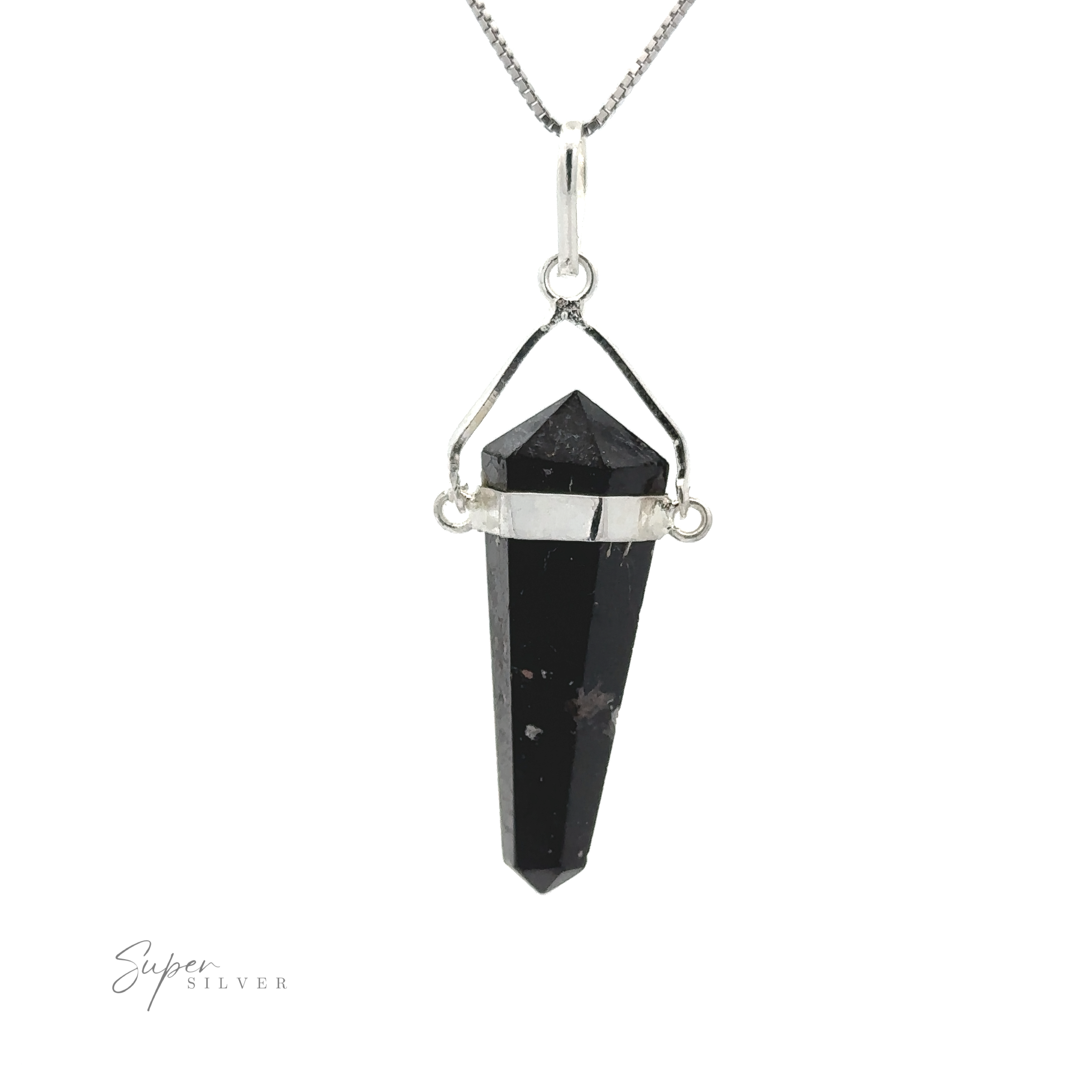 A Raw Stone Swivel Pendant encased in a silver-plated setting hangs from a silver chain. The logo "Super Silver" is visible in the bottom left corner.