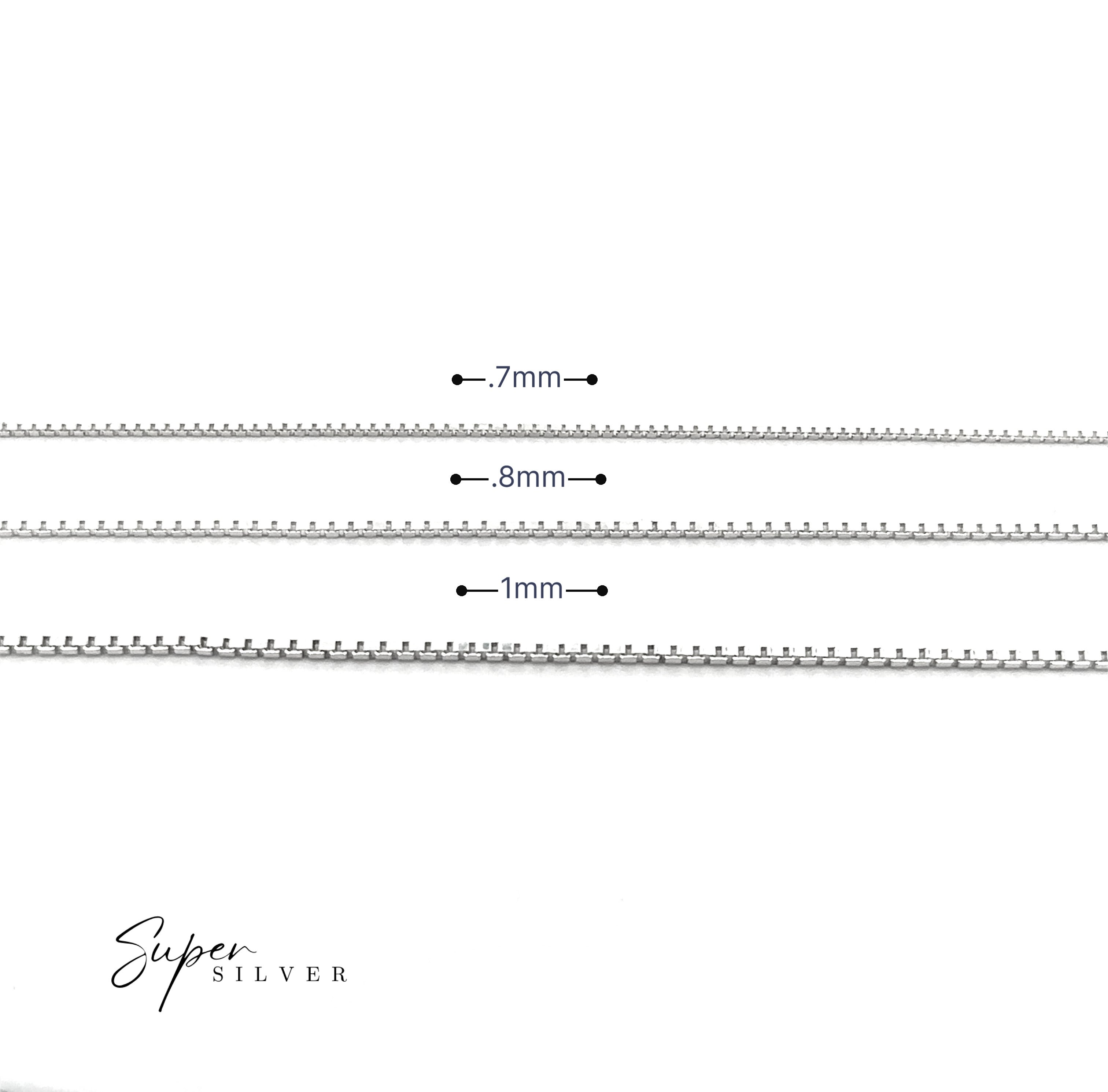 Three Delicate Sterling Silver D/C Box Chains are shown horizontally by width—0.7mm, 0.8mm, and 1mm—with "Super Silver" in the lower left celebrating their fine Italian craftsmanship.